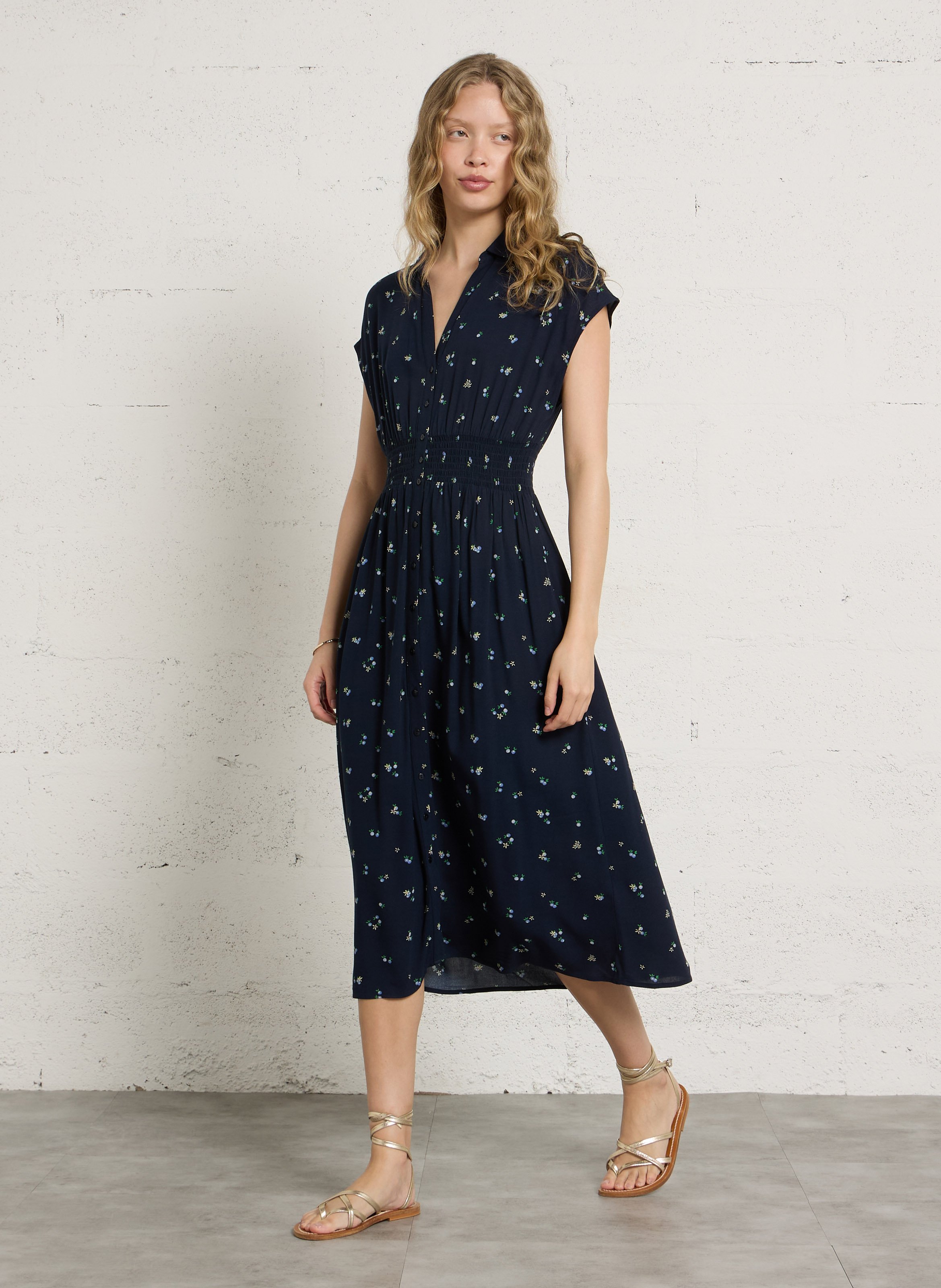 Robe midi col classique imprimée DES PETITS HAUTS Noir