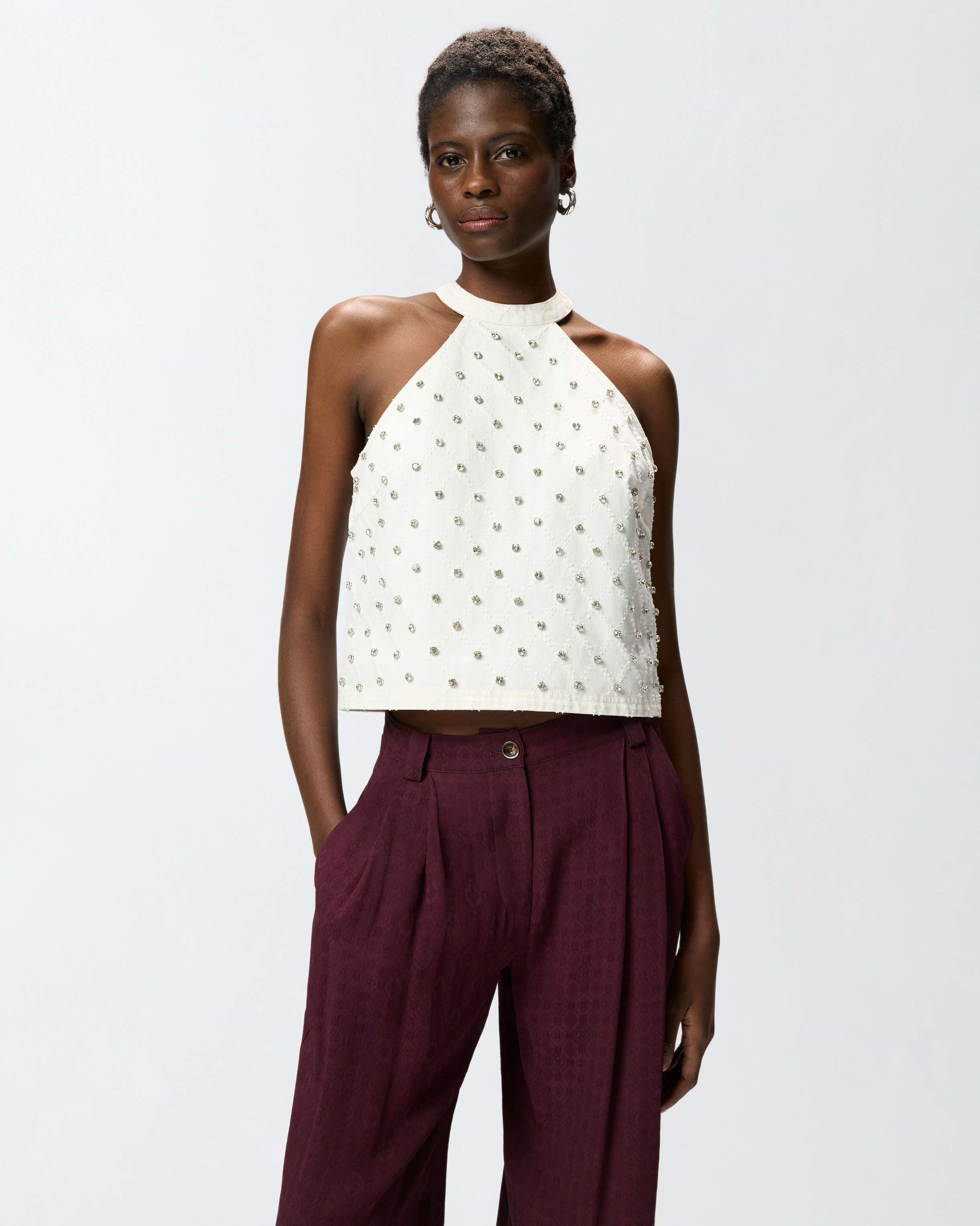 Top à encolure américaine avec motif losanges et strass PINKO Blanc