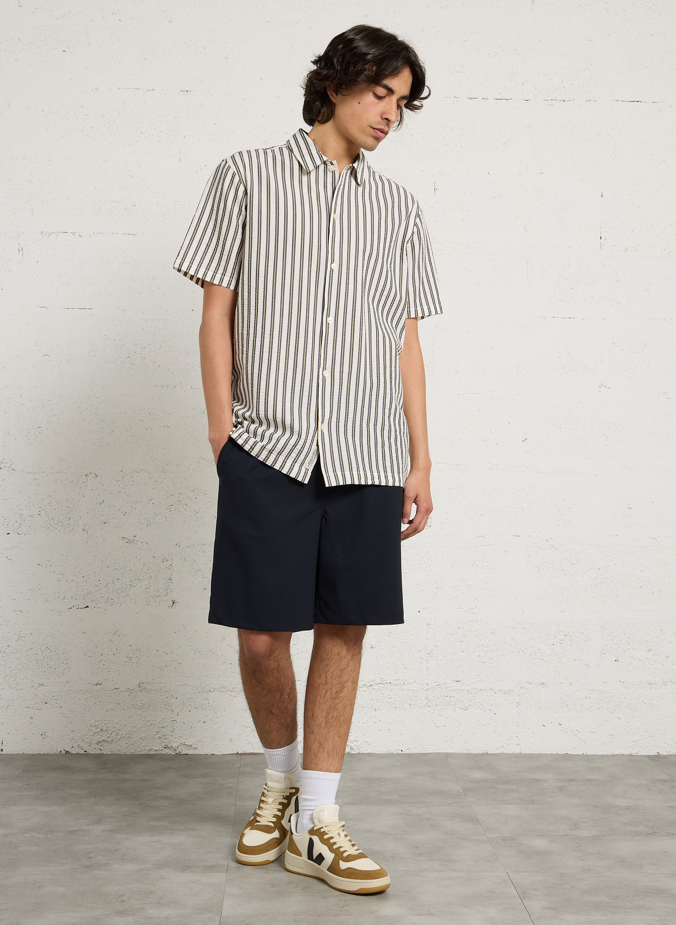 Camisa recta a rayas de algodón mezclado Blanco