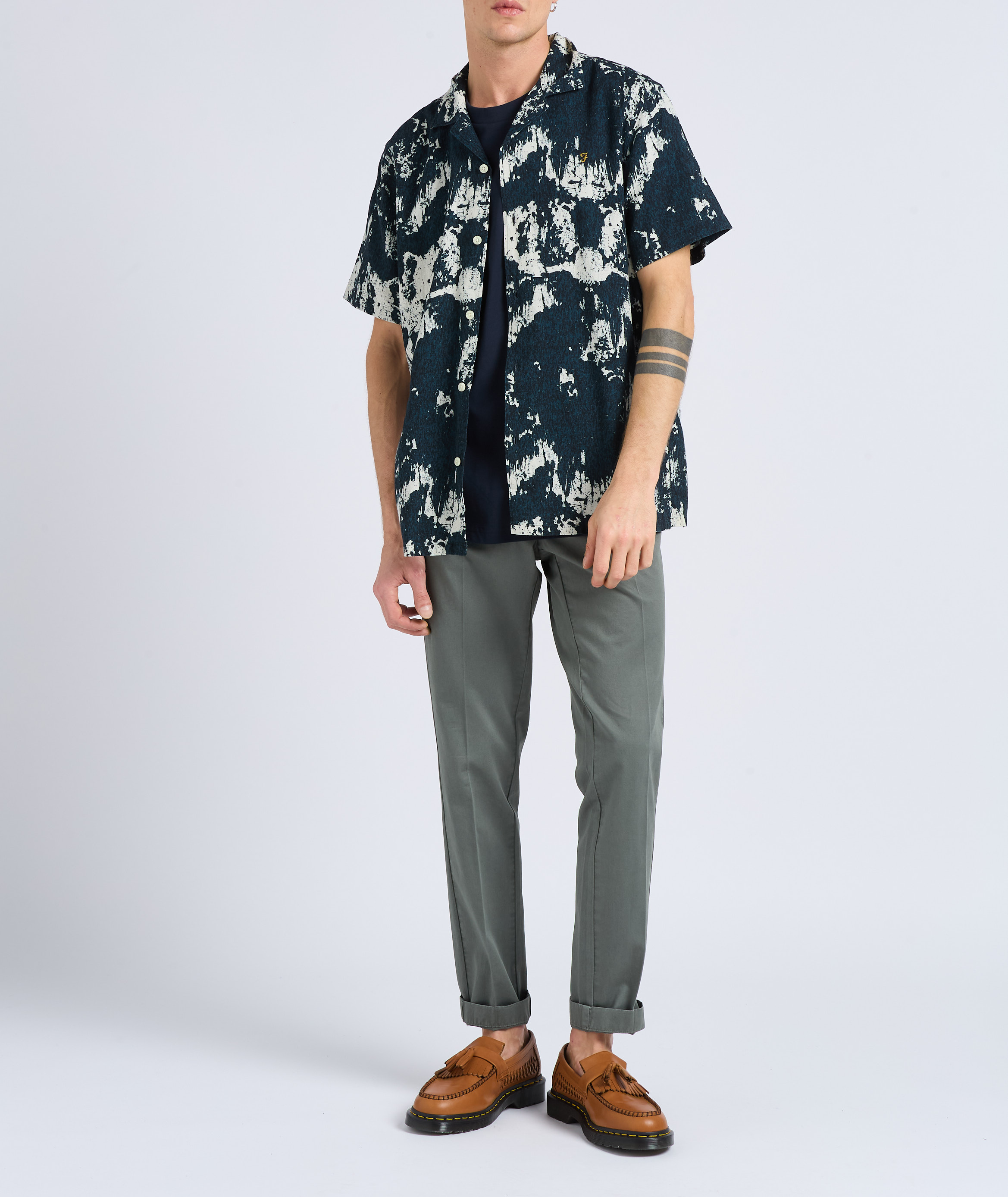 Printed cotton and linen shirt with Cuban collar FARAH Blue