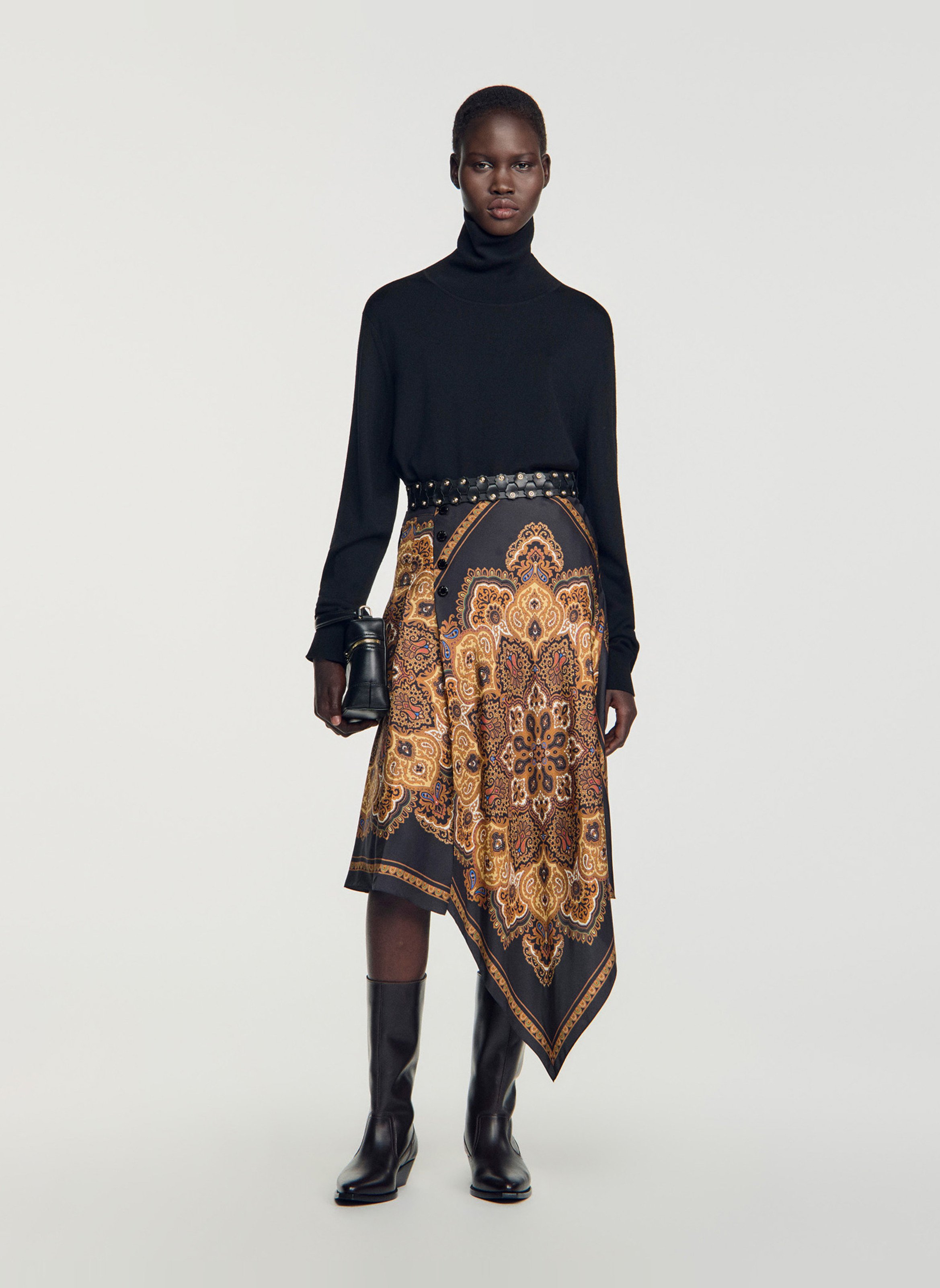 Asymmetrische midi rok met patronen SANDRO Zwart