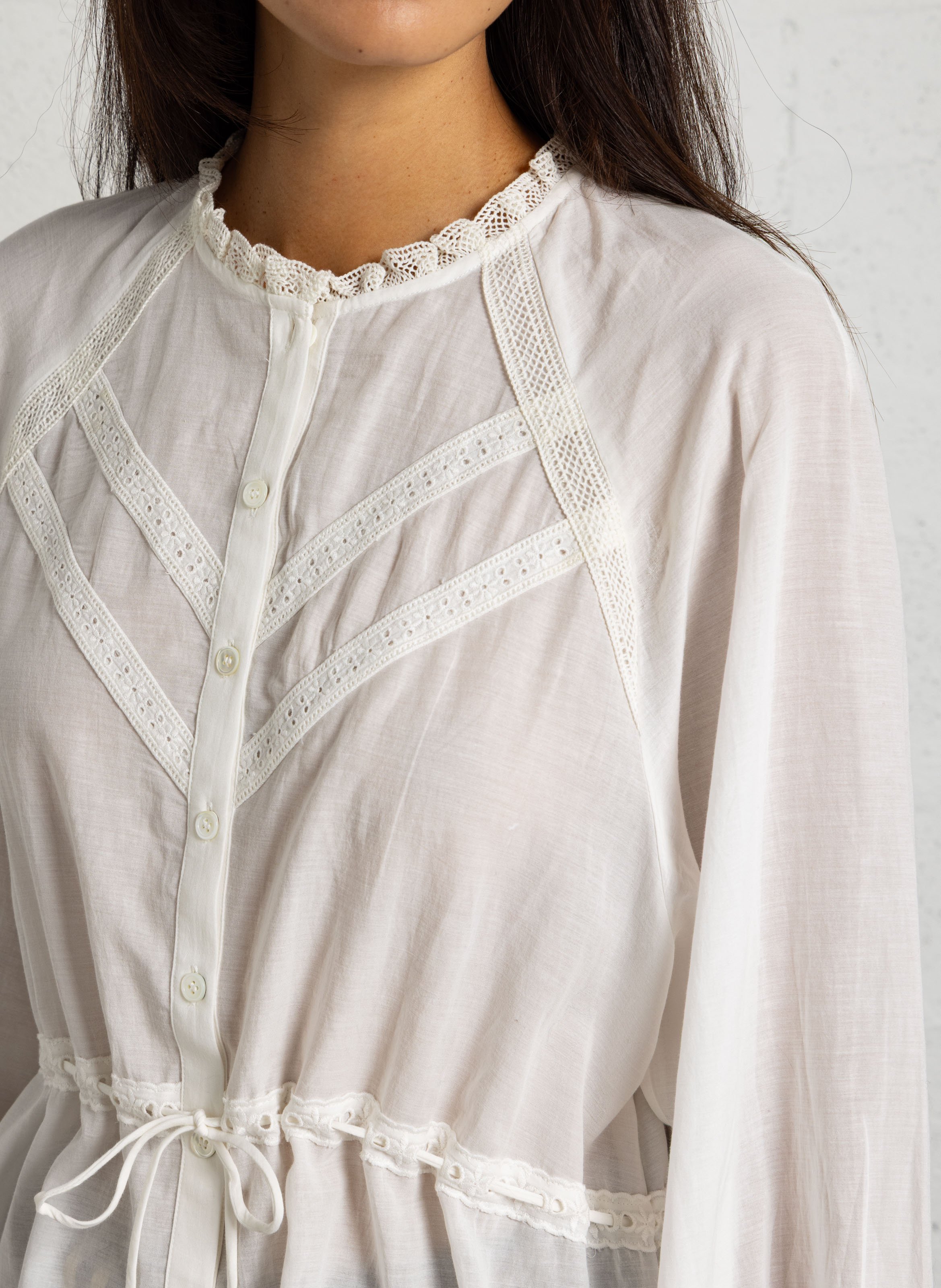 Blouse ample col brodé en coton mélangé DES PETITS HAUTS Beige
