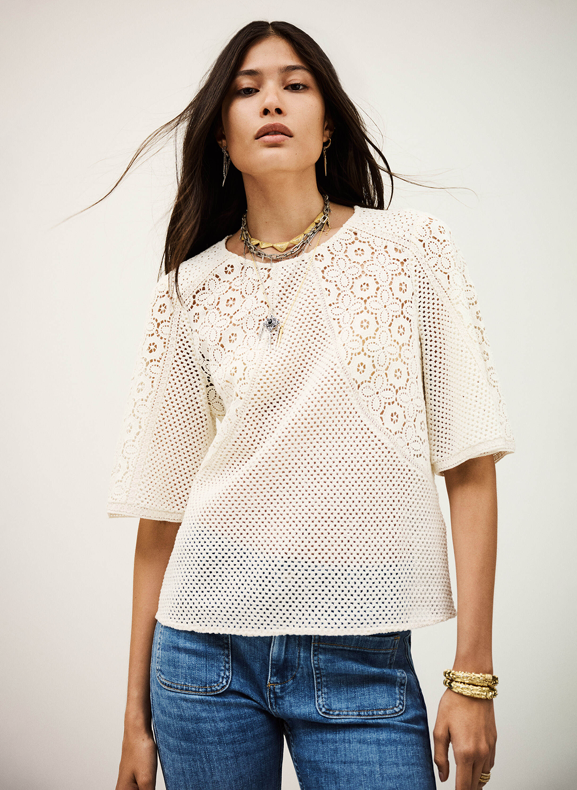 Top droit en maille ajourée fantaisie BA&SH Beige