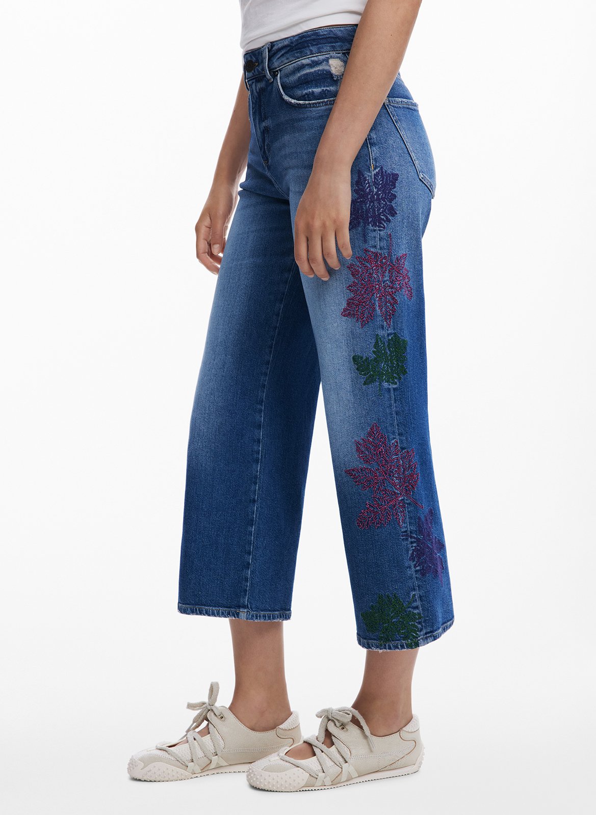 Jean cropped large uni à broderies DESIGUAL Bleu