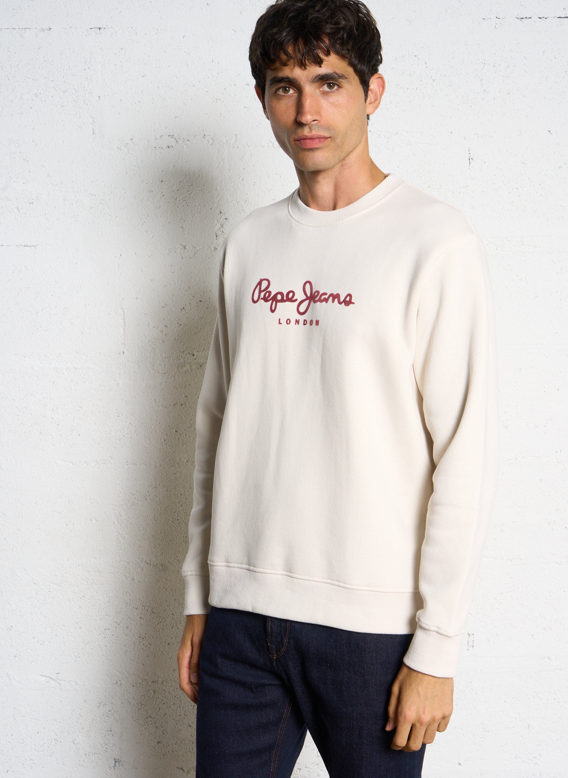 Sweat droit col rond sérigraphié velours en coton mélangé PEPE JEANS Beige