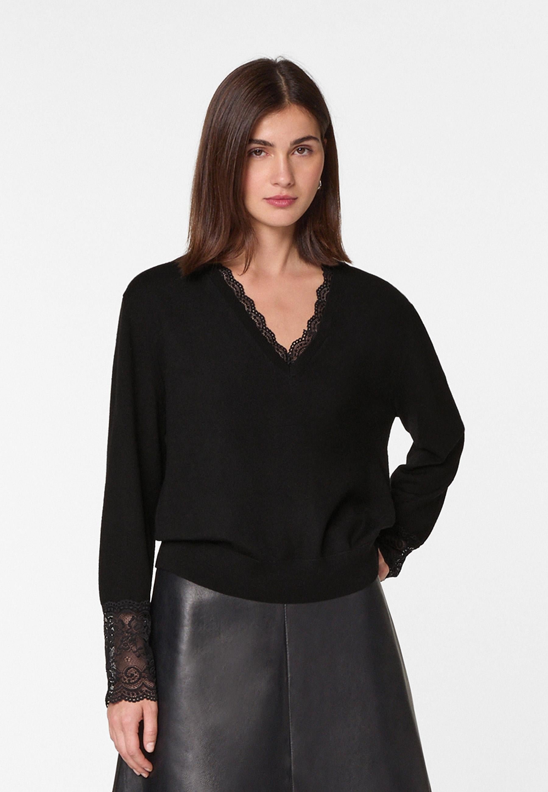 V-neck wool sweater with lace trim RODIER Black