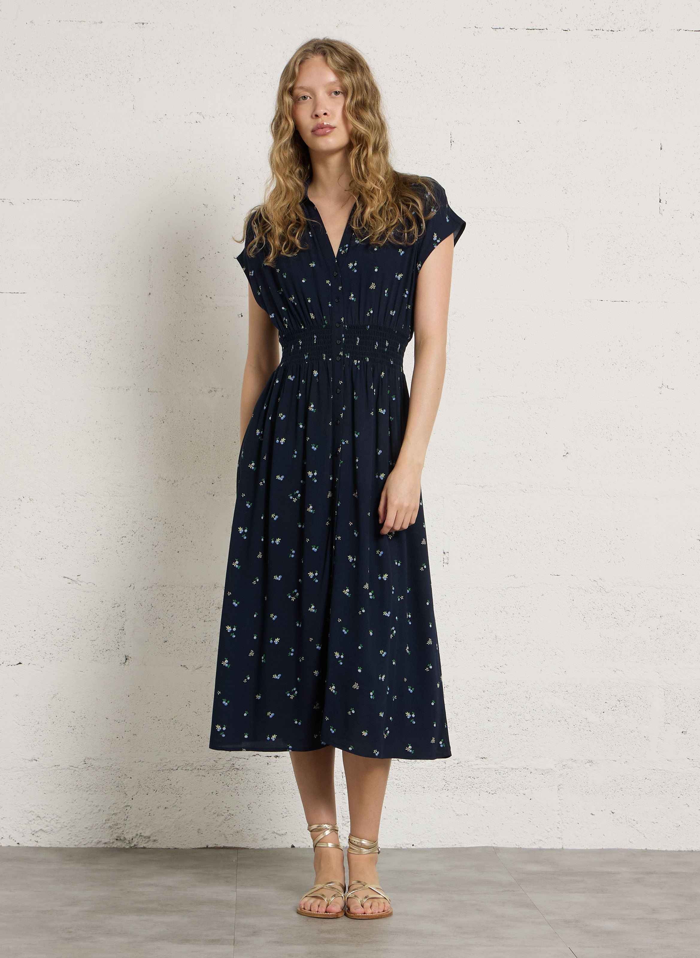 Robe midi col classique imprimée DES PETITS HAUTS Noir