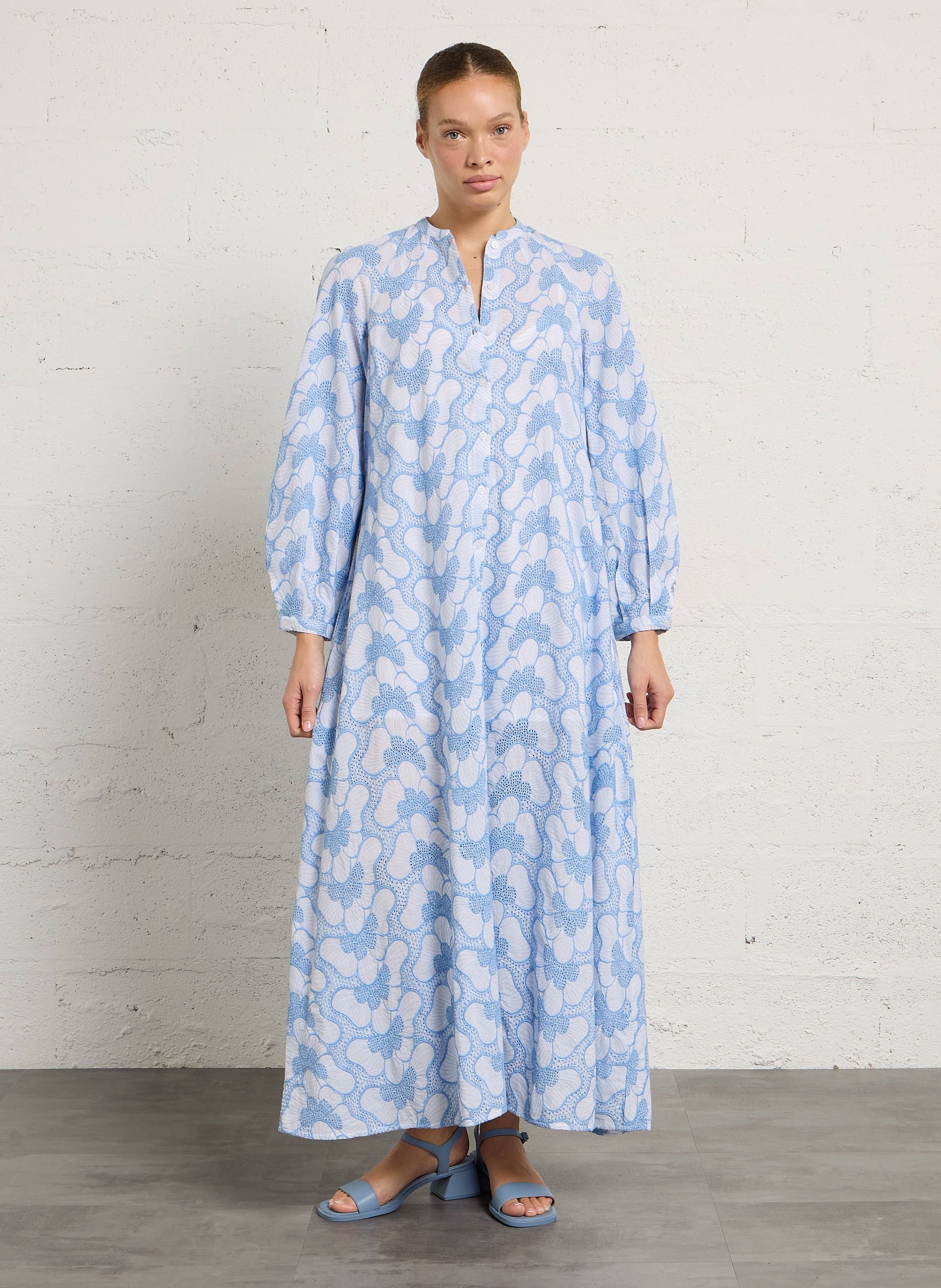 Long cotton dress with round neck SUNDRESS Blue