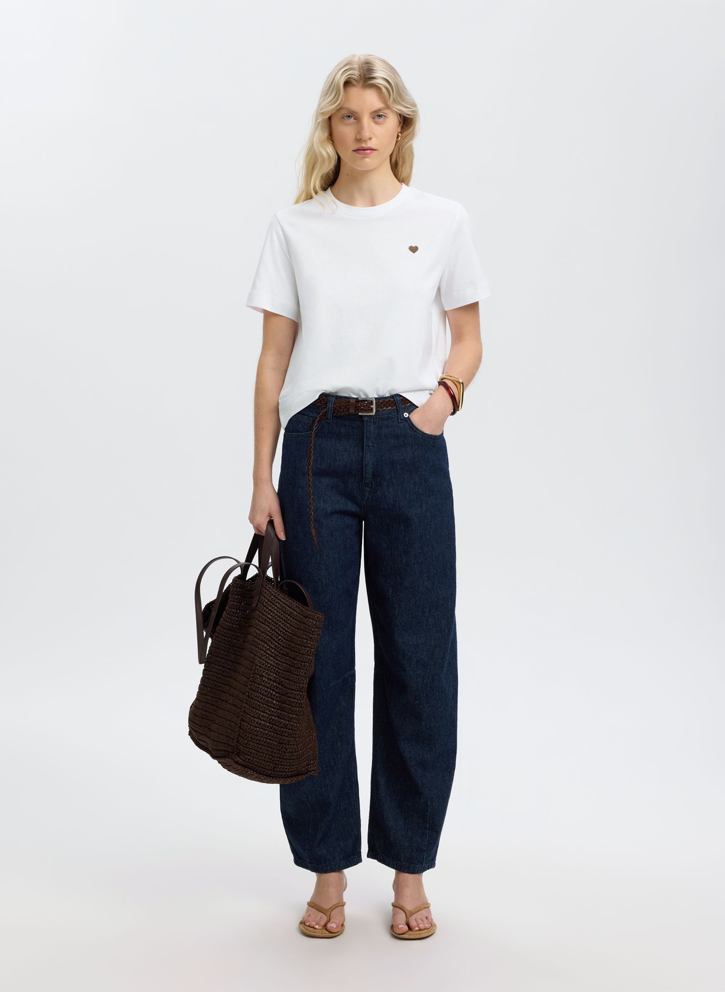 Tee-shirt droit col rond en coton bio SELECTED Blanc