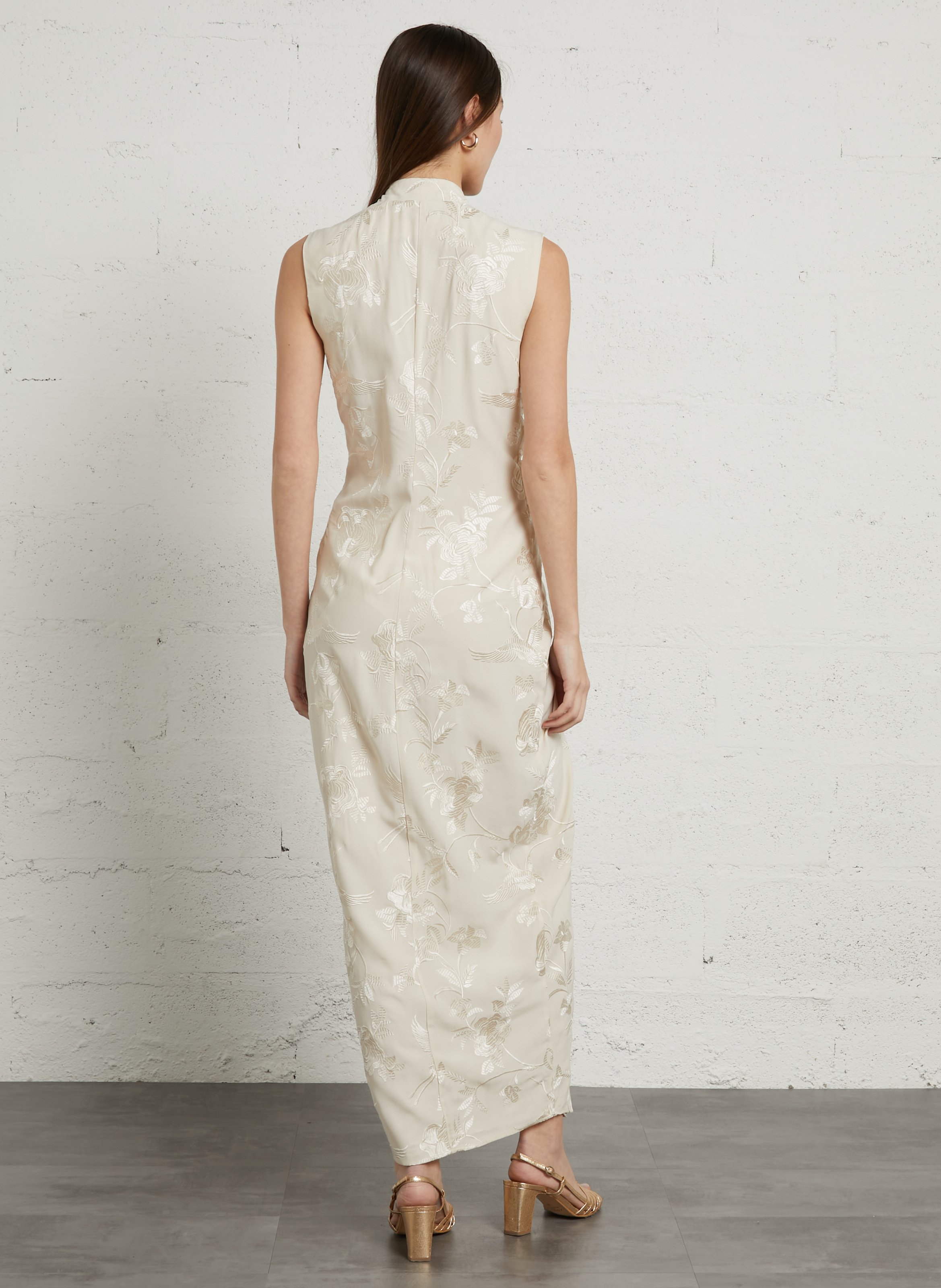 Robe longue col V brodée MES DEMOISELLES Beige