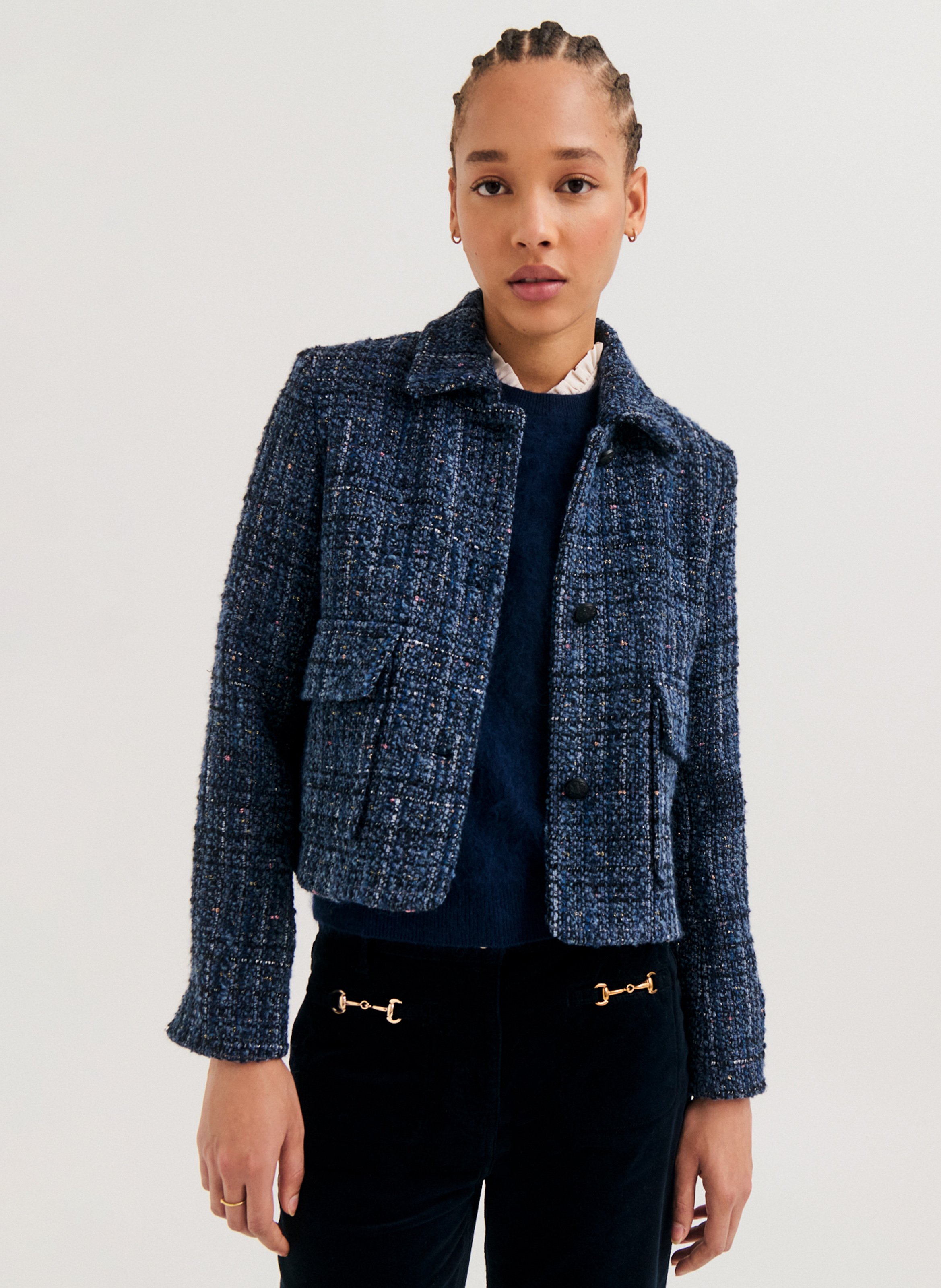 Rechte knoopsluiting jasje in tweed PABLO Blauw
