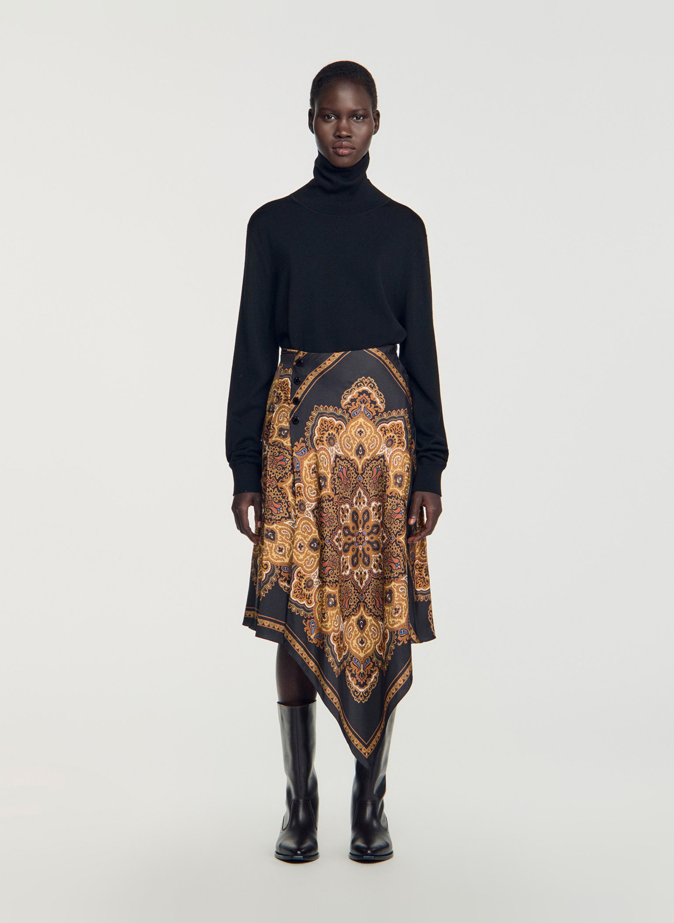 Asymmetrische midi rok met patronen SANDRO Zwart