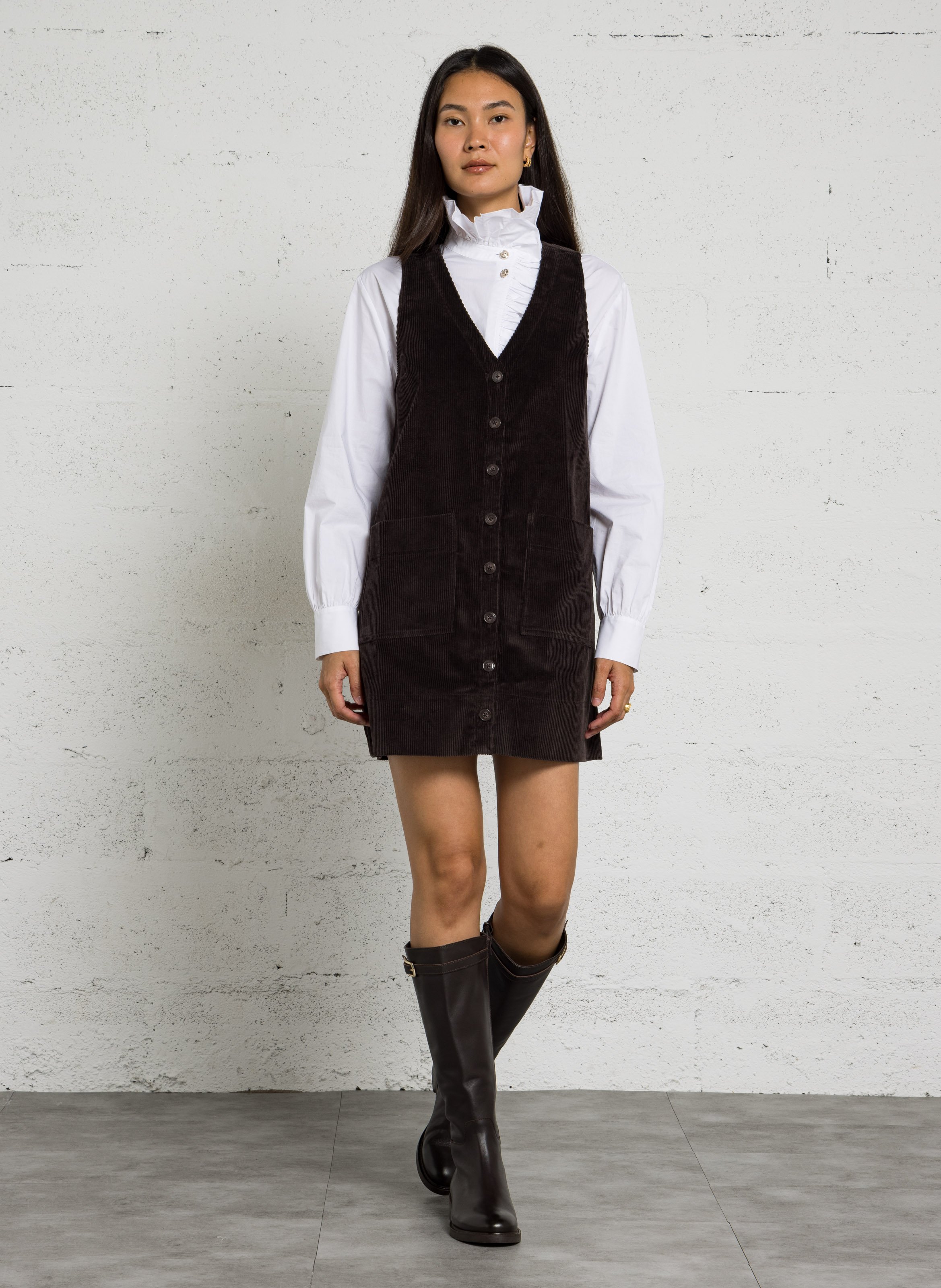 Robe courte col V en coton DES PETITS HAUTS Marron