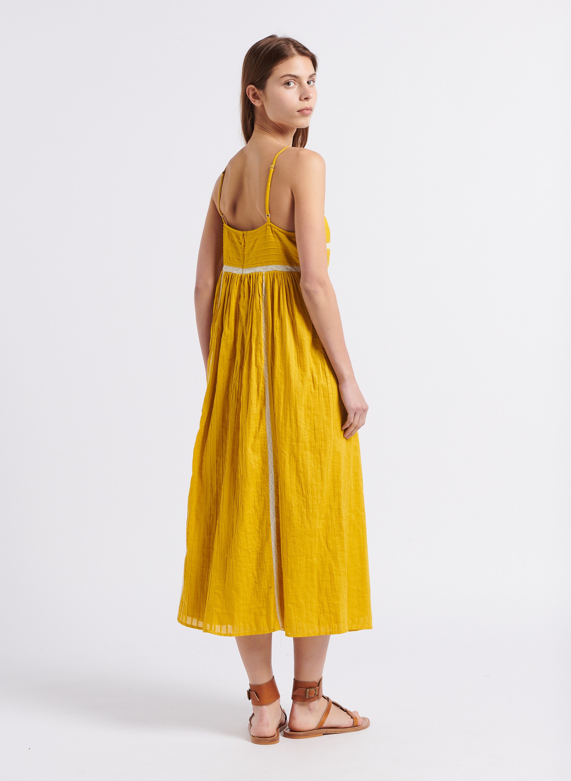 Yellow Flared long dress with round neckline in cotton