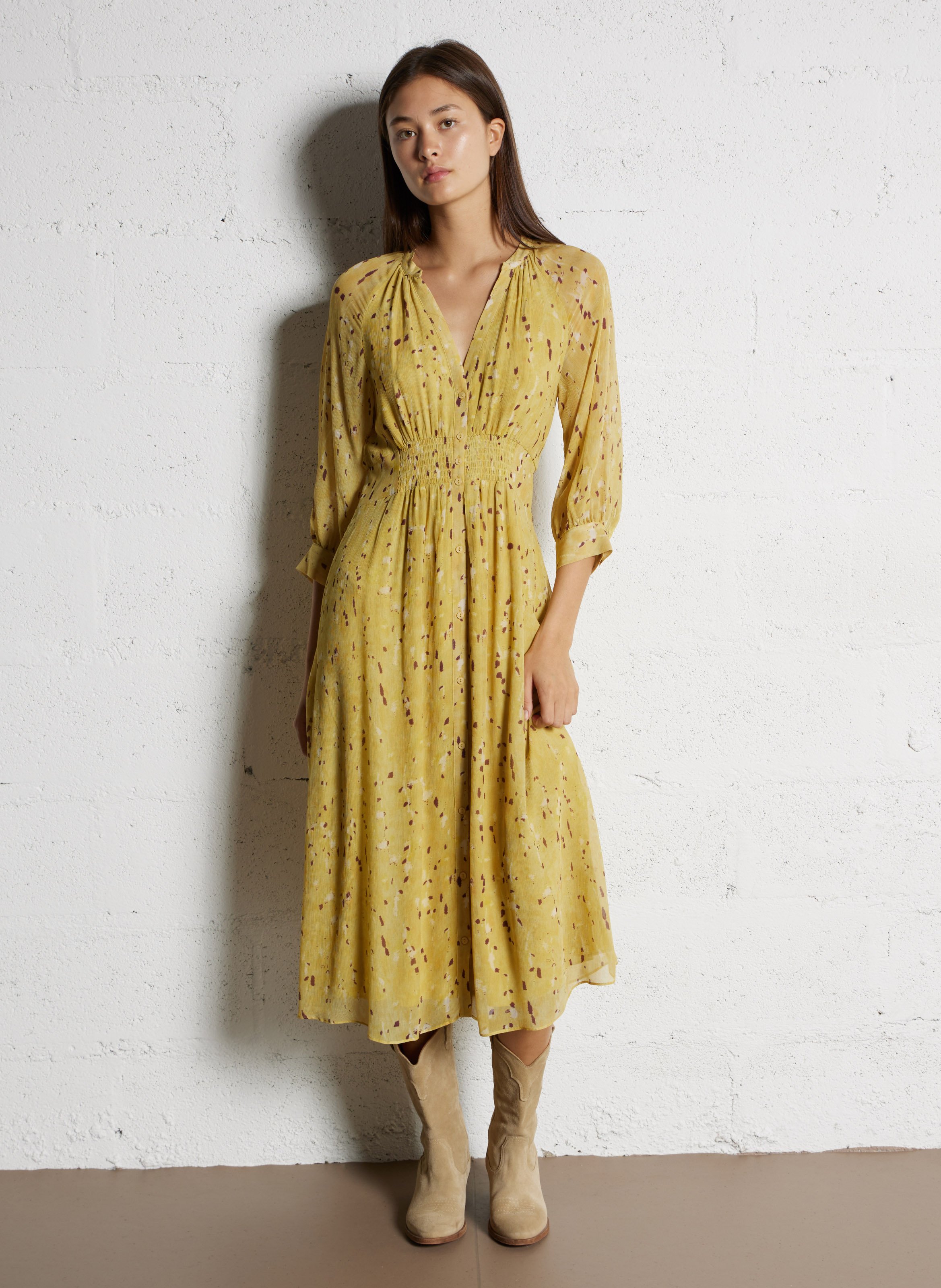 Robe midi col tunisien imprimée BA&SH Jaune