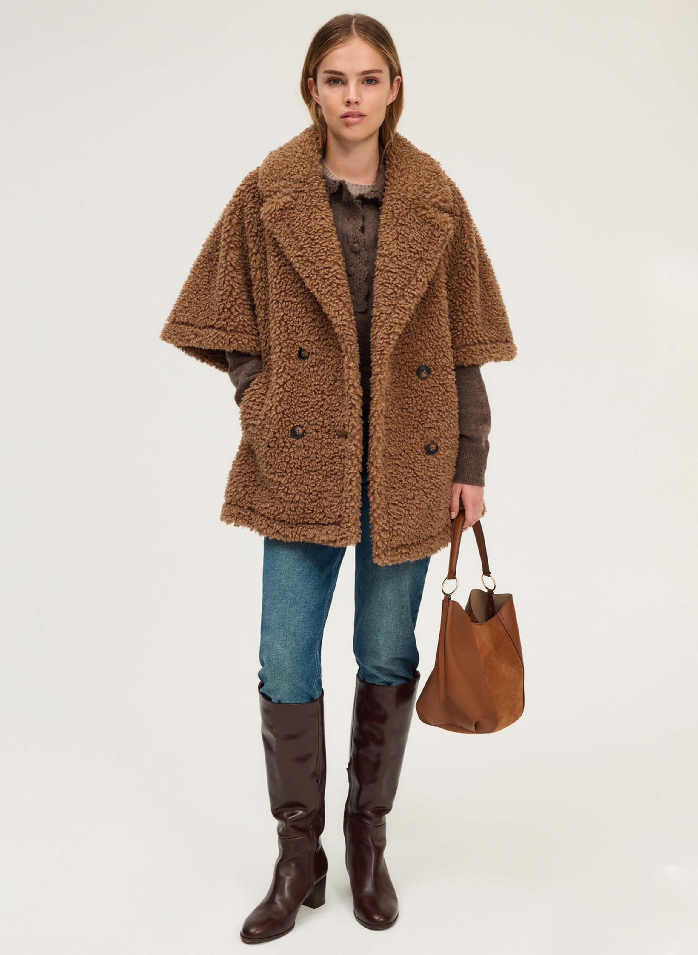 Faux fur coat with tailored collar PABLO Brown