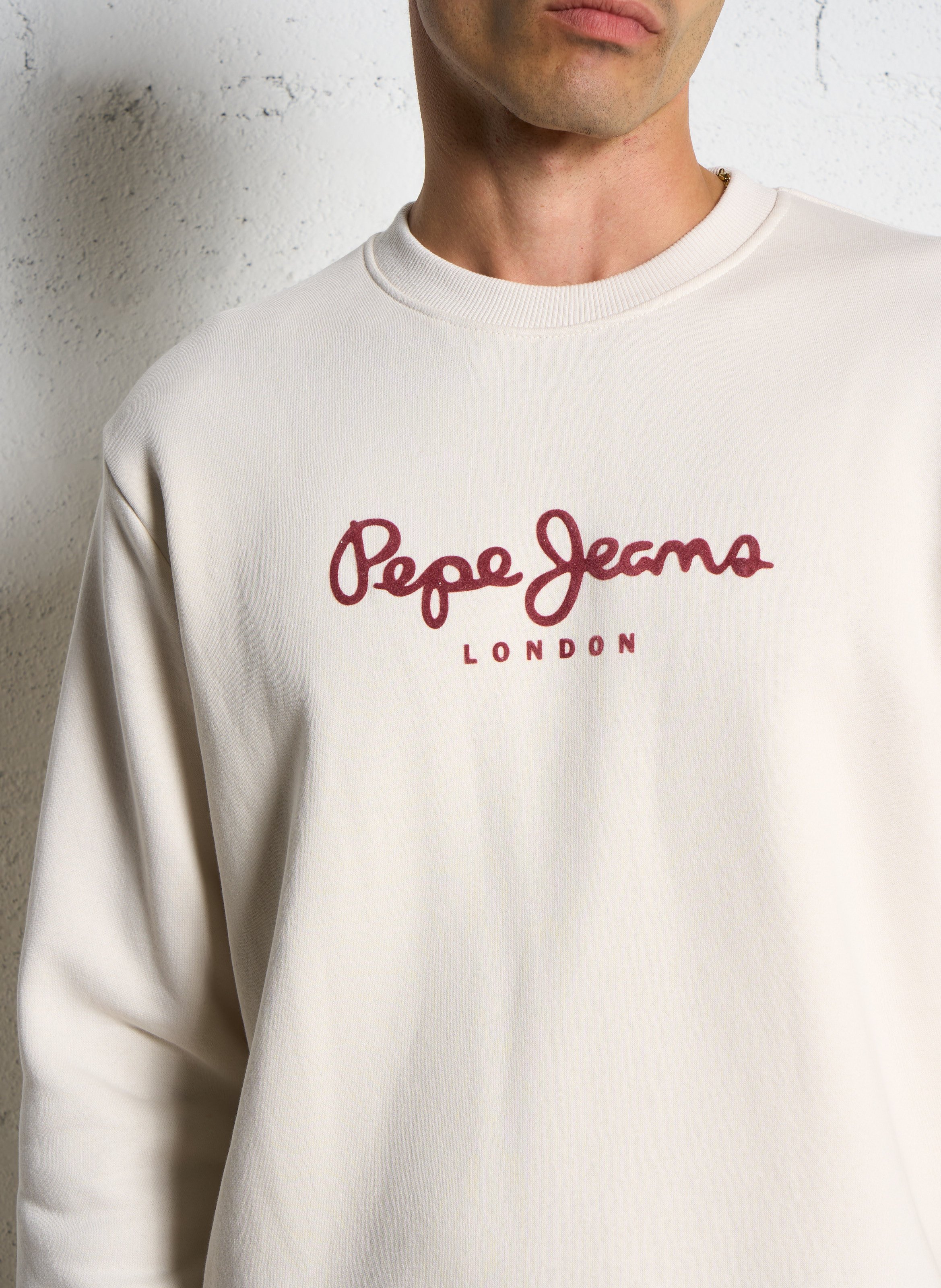 Sweat droit col rond sérigraphié velours en coton mélangé PEPE JEANS Beige