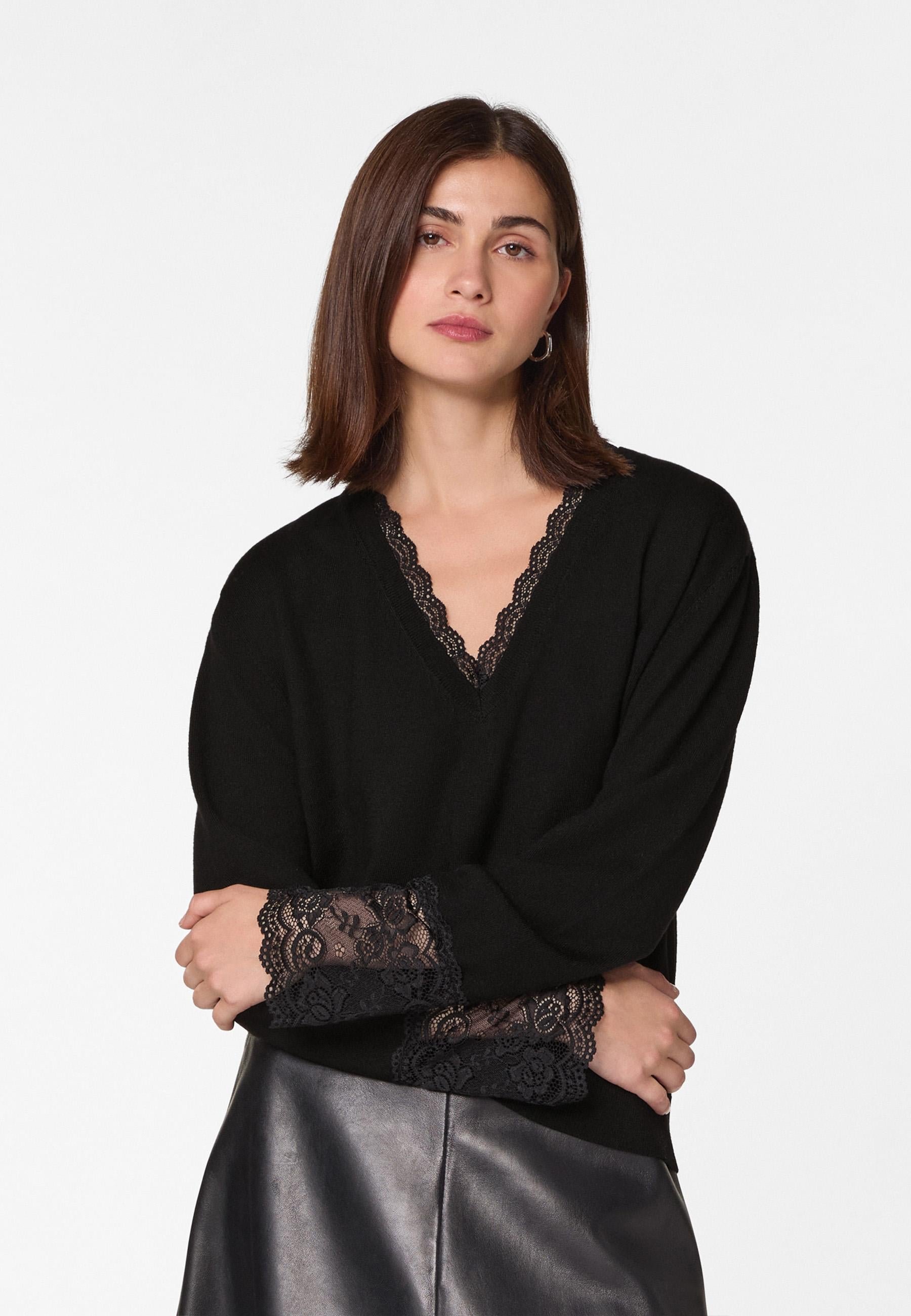 V-neck wool sweater with lace trim RODIER Black