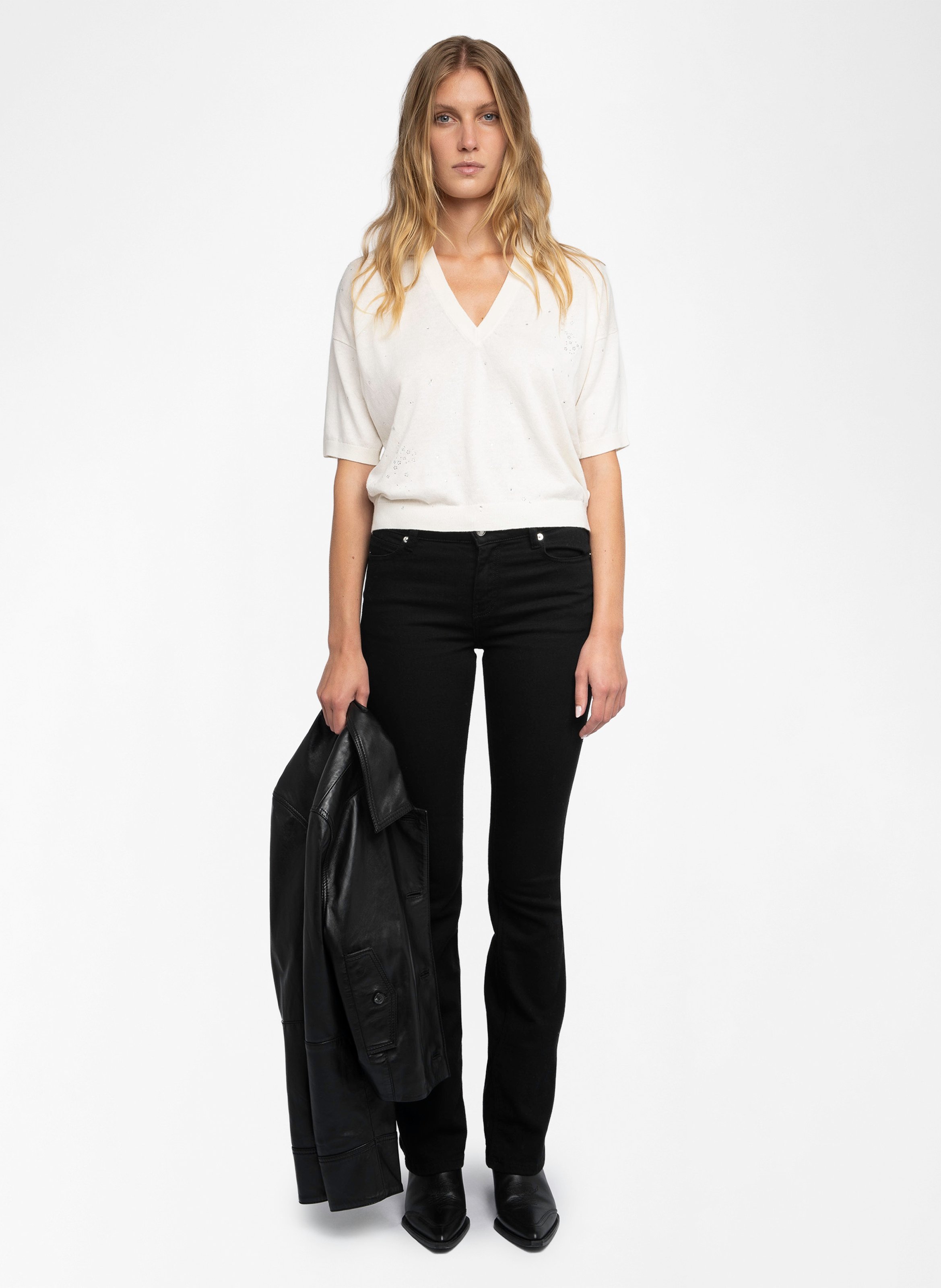 Top col V en lin et en coton mélangés ZADIG&VOLTAIRE Blanc