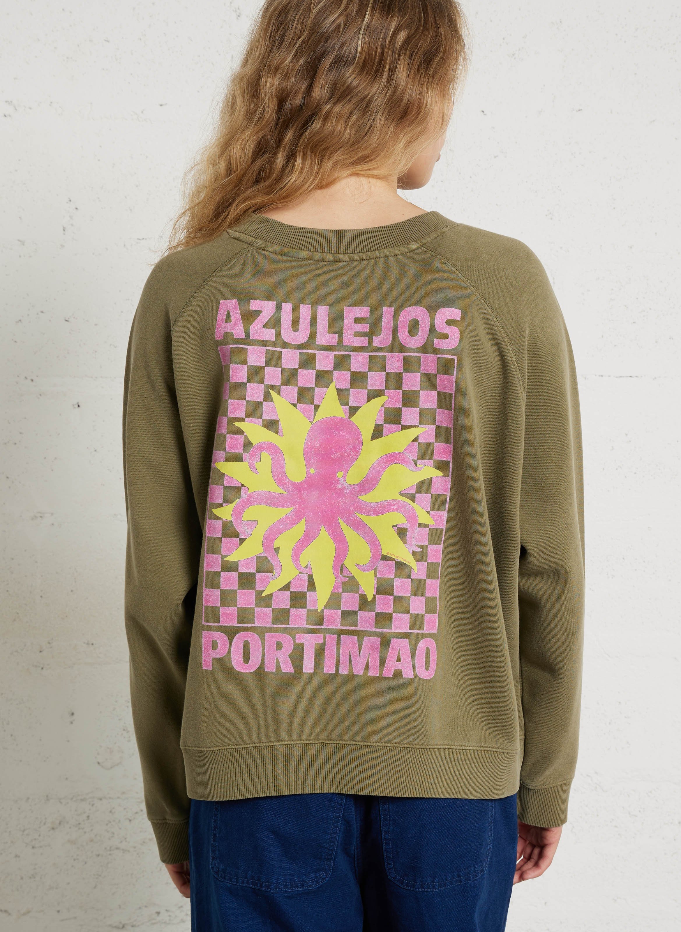 Loose-fit round-neck cotton sweatshirt with screen print NEWTONE Khaki