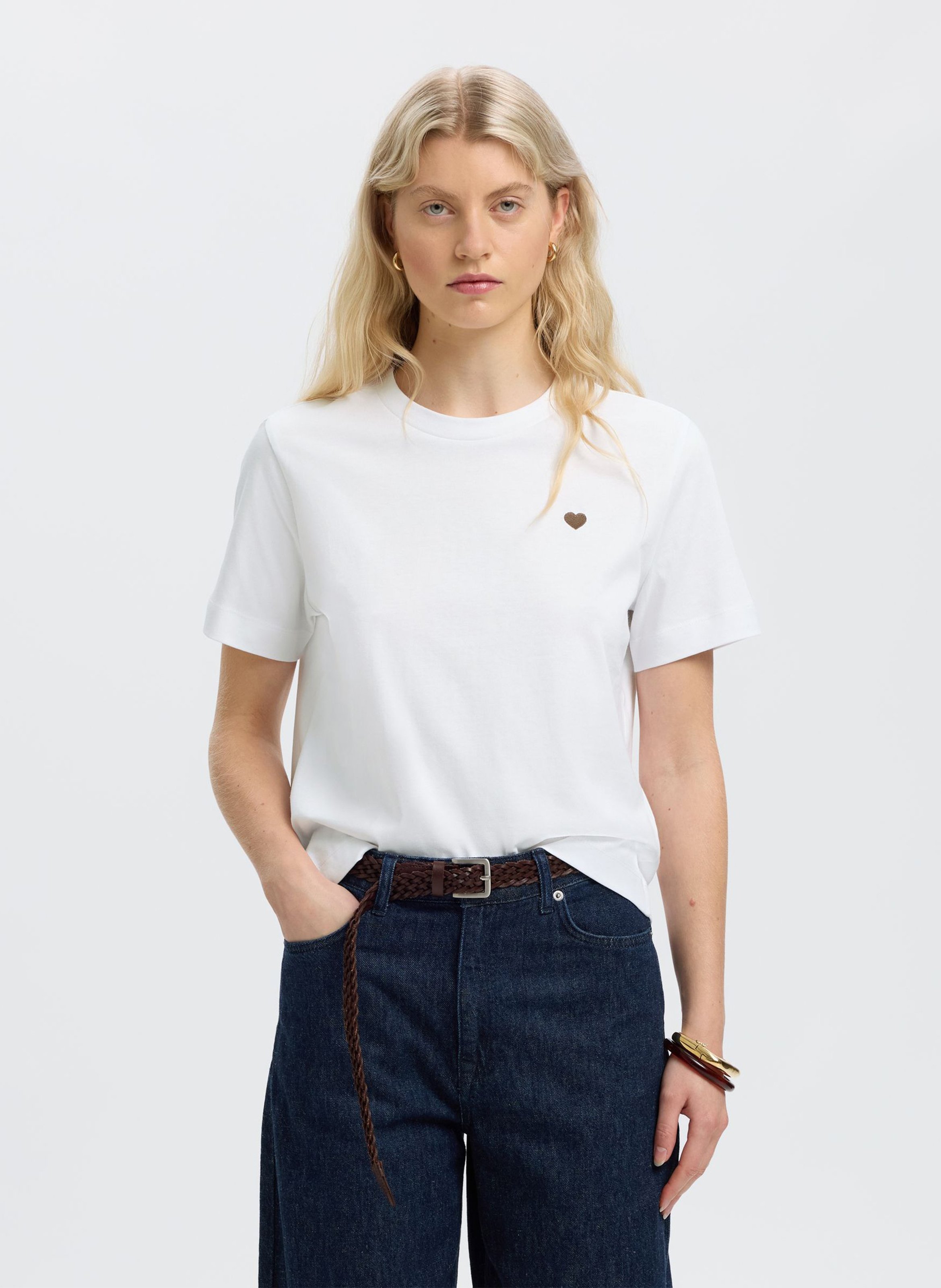 Tee-shirt droit col rond en coton bio SELECTED Blanc