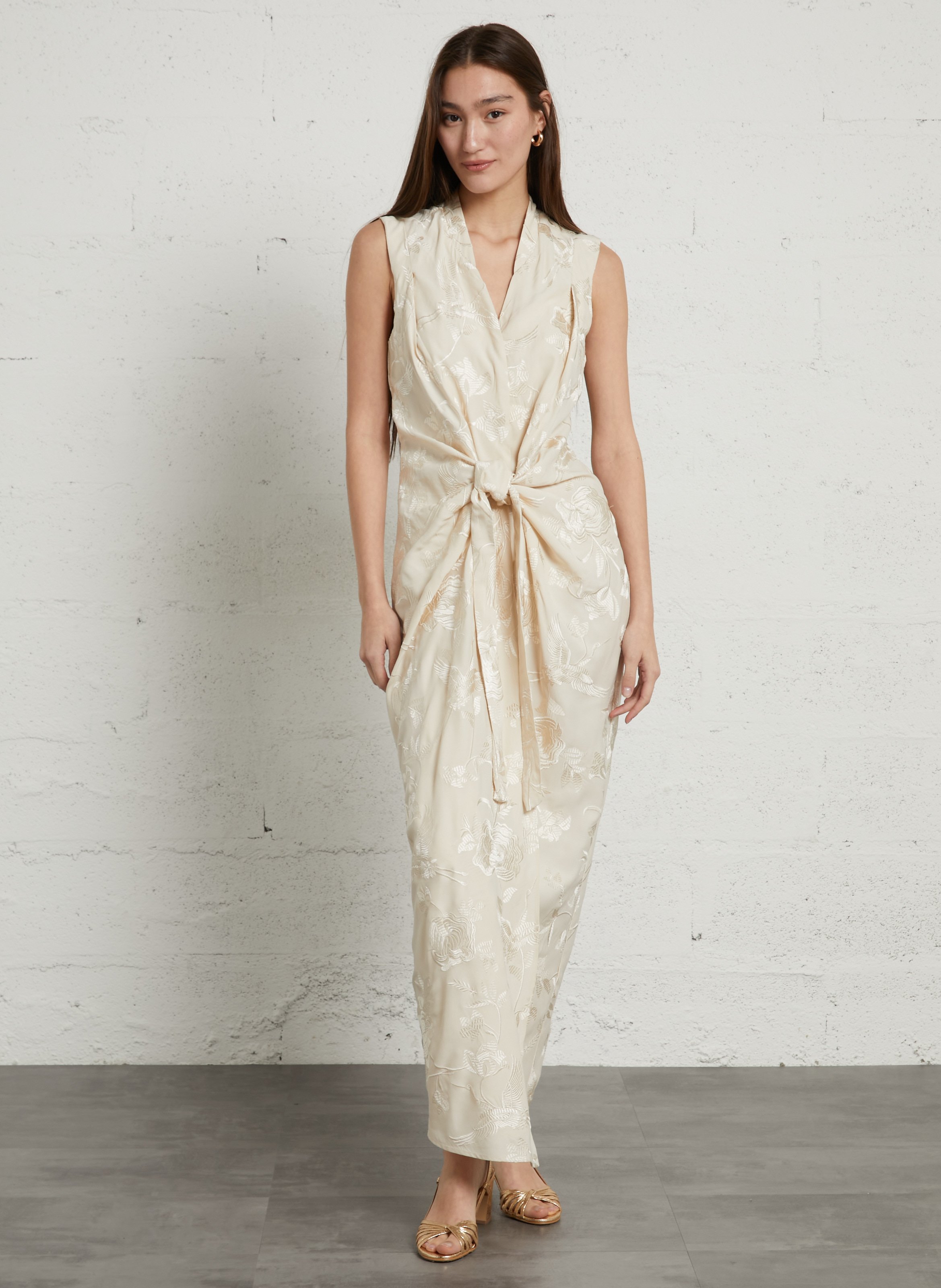 Robe longue col V brodée MES DEMOISELLES Beige