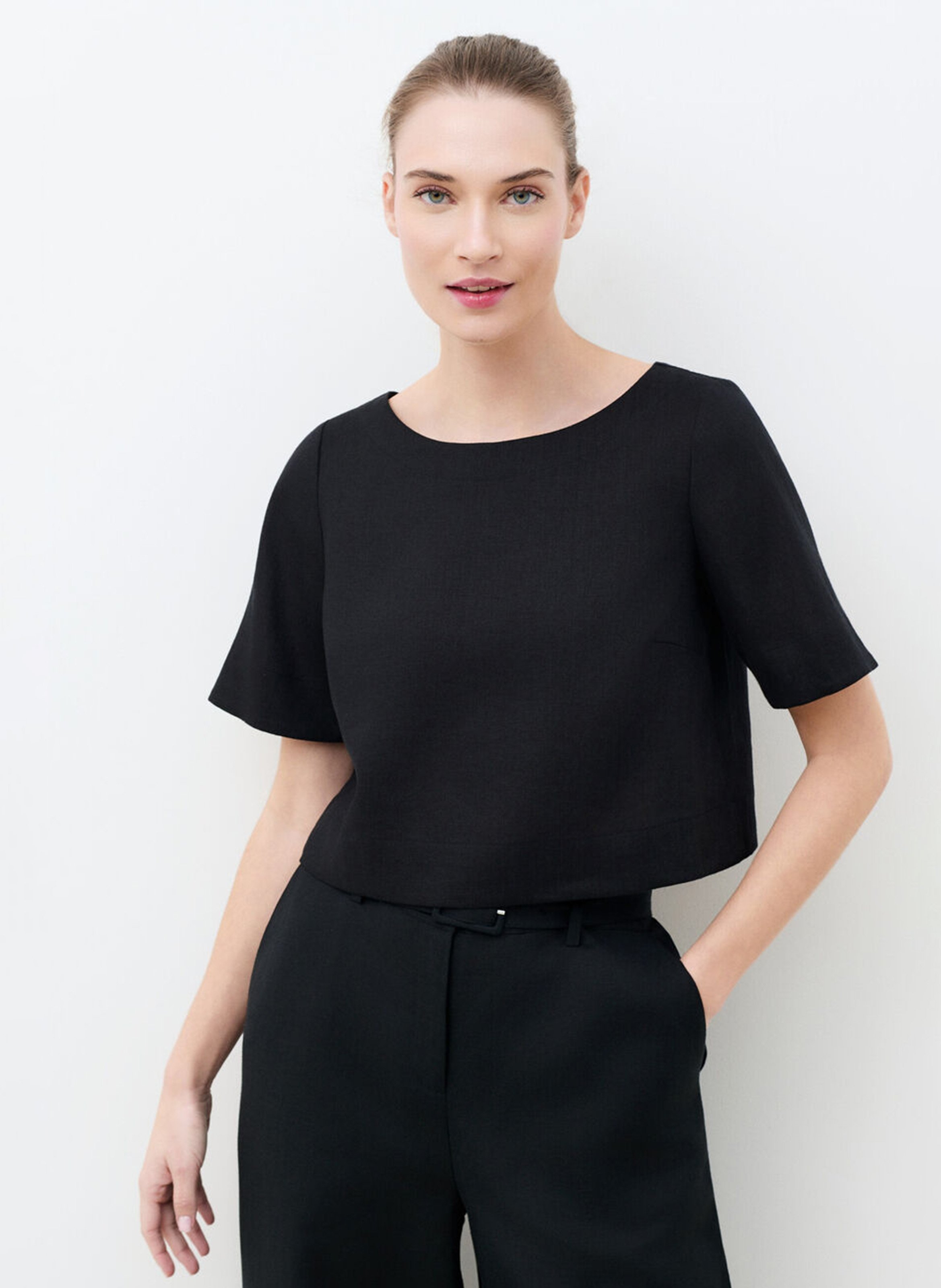 Blouse droite col bateau en lin CAROLL Noir