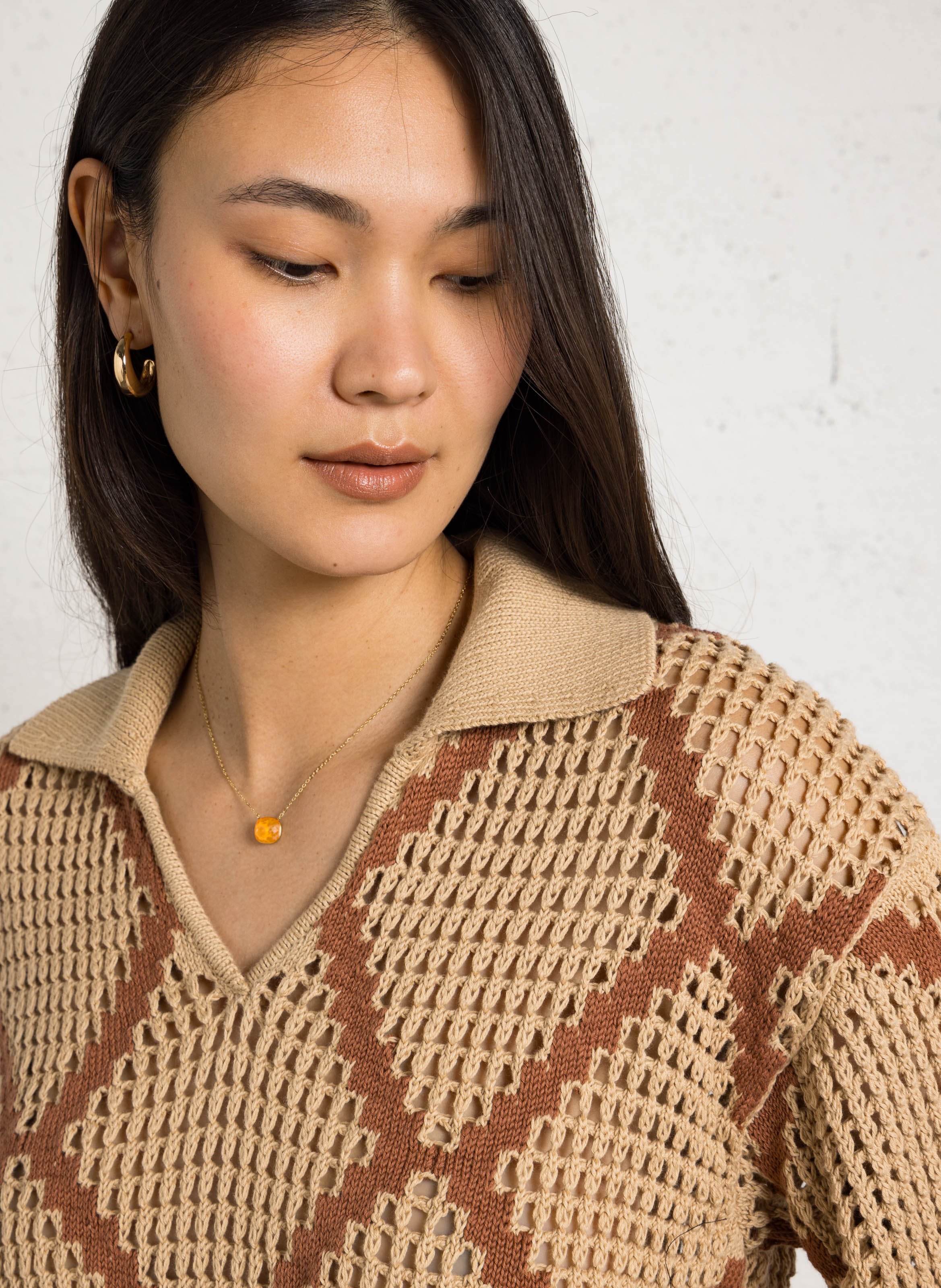 Polo à motif en maille ajourée Beige