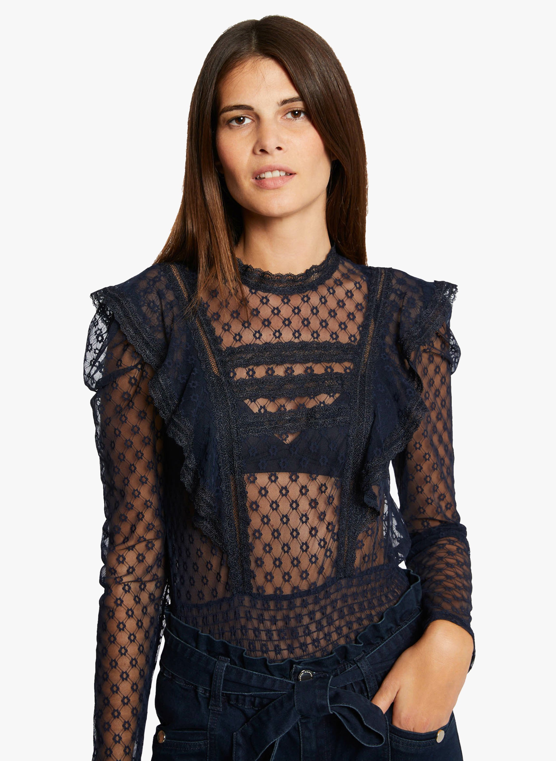 Haut Dentelle Noir Et Beige Morgan - Taille XS, Neuf Sans étiquette