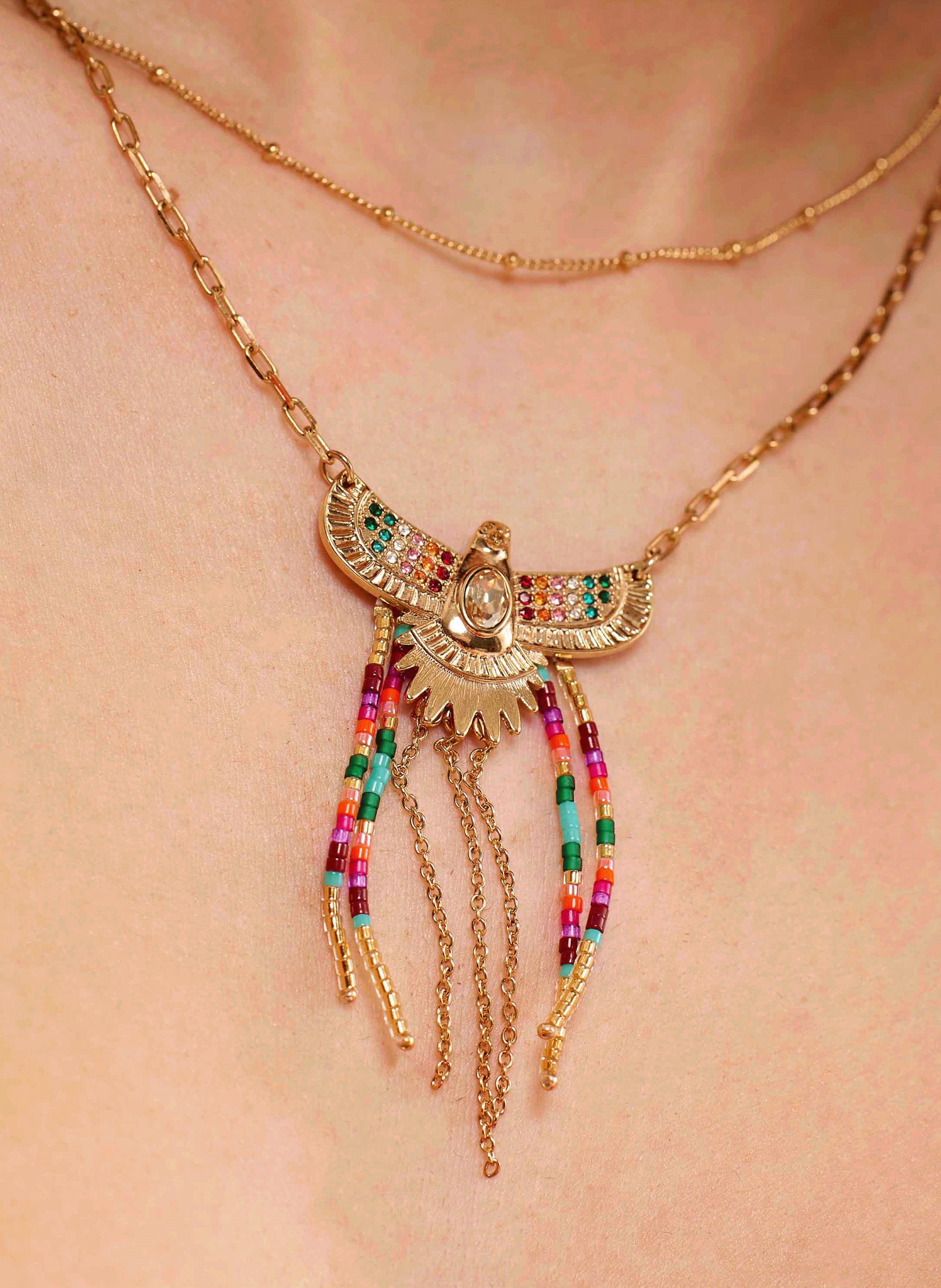 Multistrand chain necklace with central pendant and beads HIPANEMA Multicolored