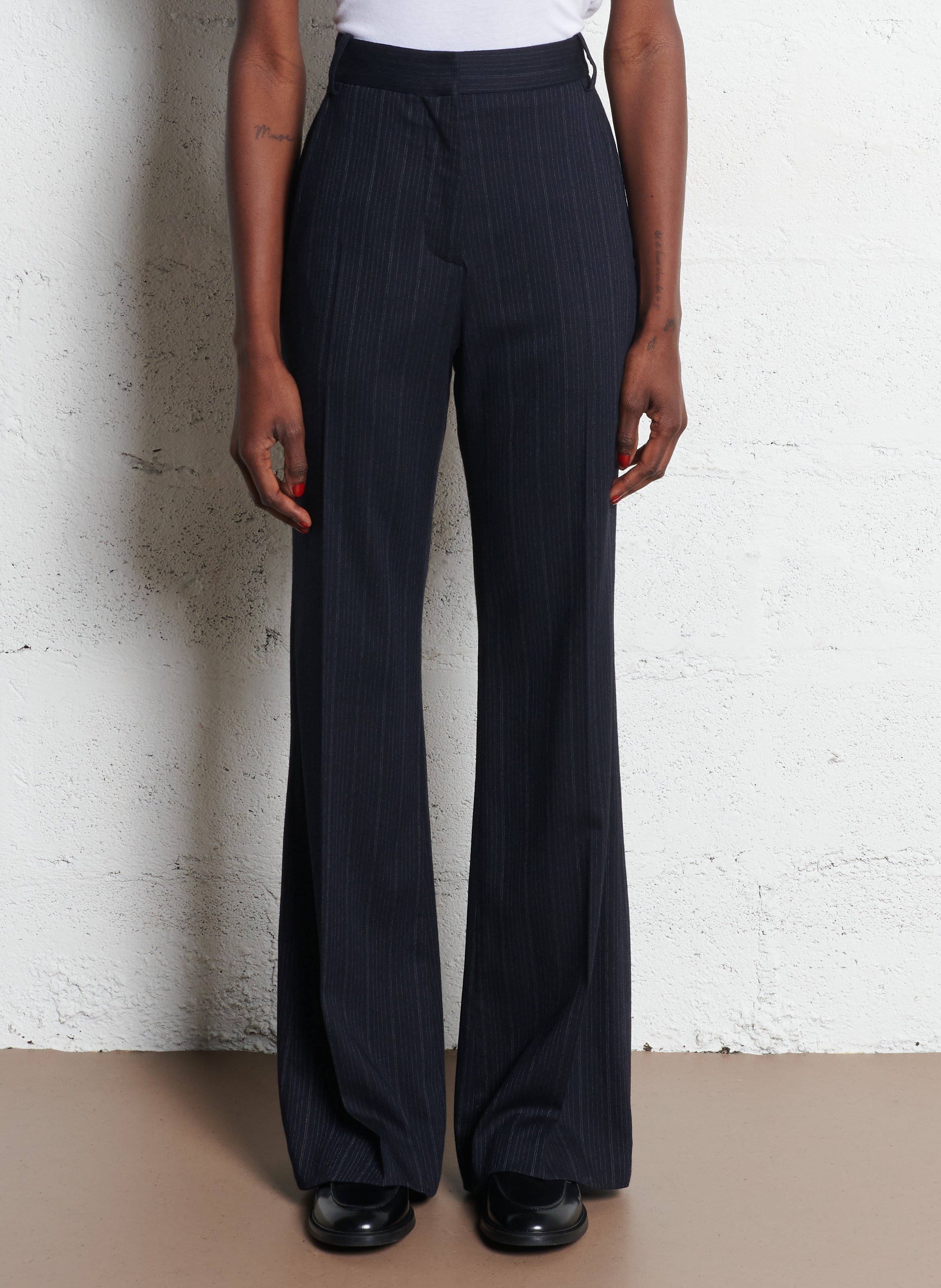 Pantalon large en laine mélangée rayé MARGAUX LONNBERG Bleu