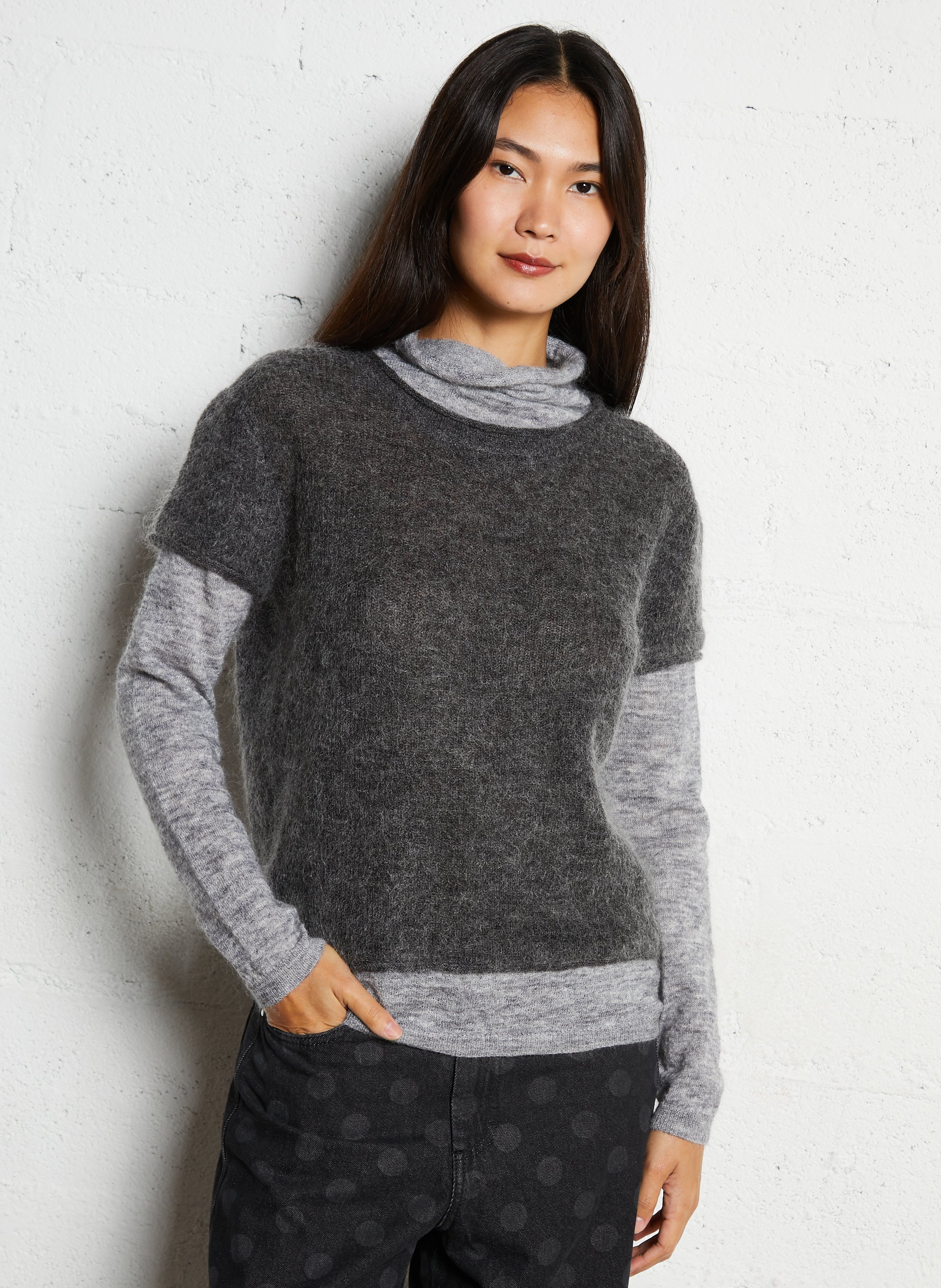 Trui met opstaande kraag en overlappende laag van gemengde wol LEON & HARPER Grijs