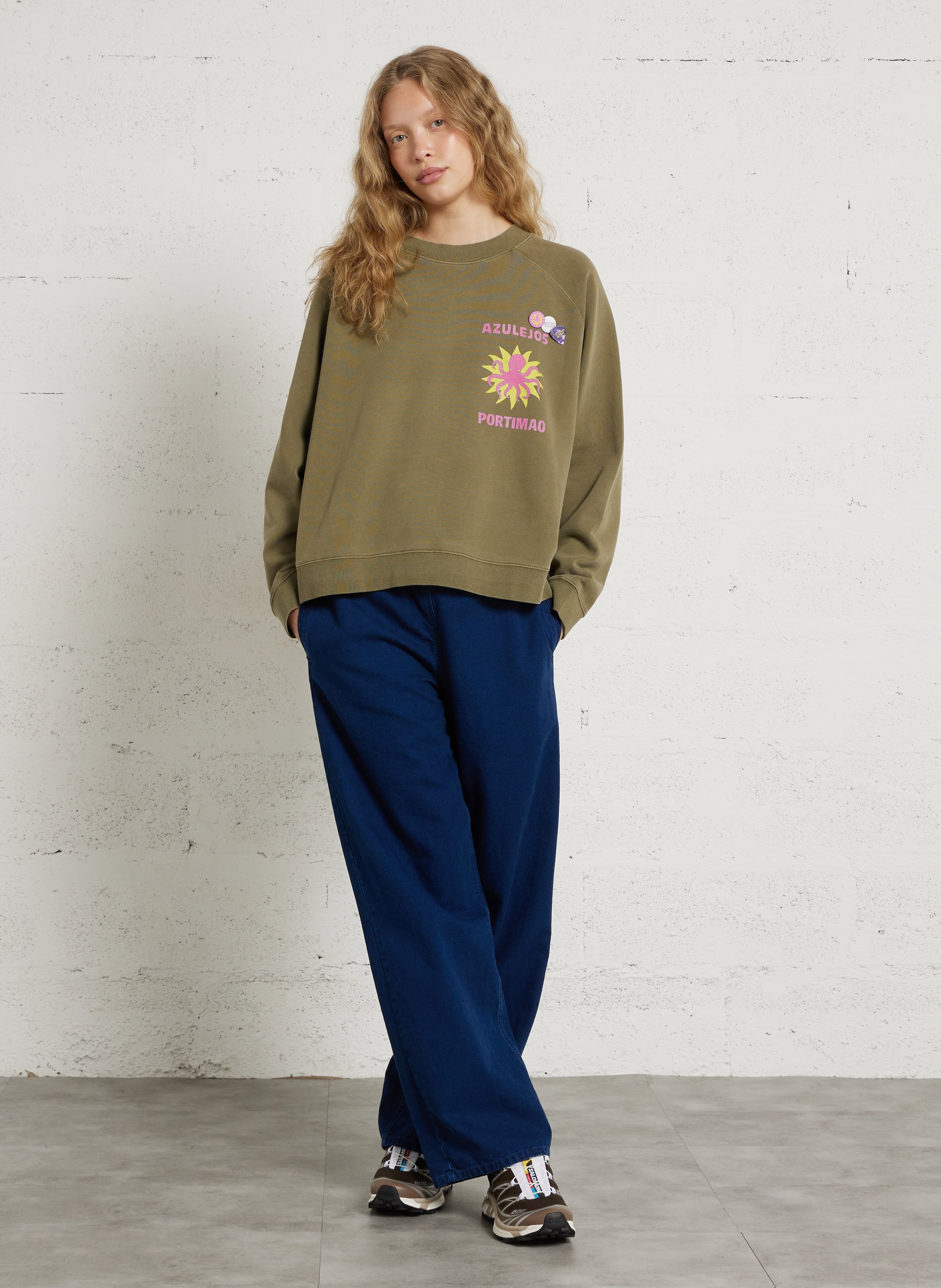 Loose-fit round-neck cotton sweatshirt with screen print NEWTONE Khaki