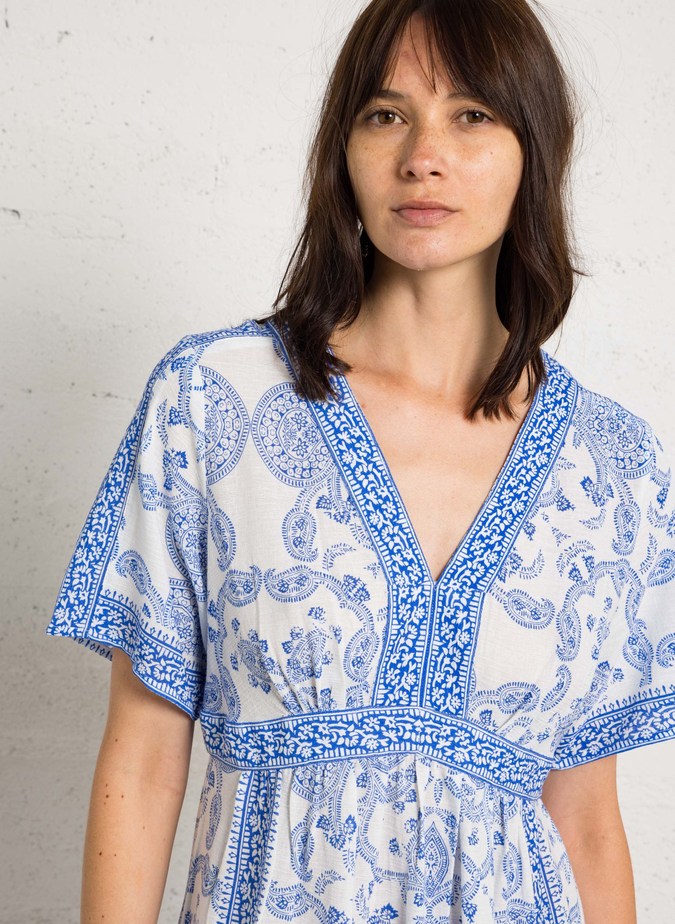 Robe longue col V en coton mélangé MAISON 123 Bleu