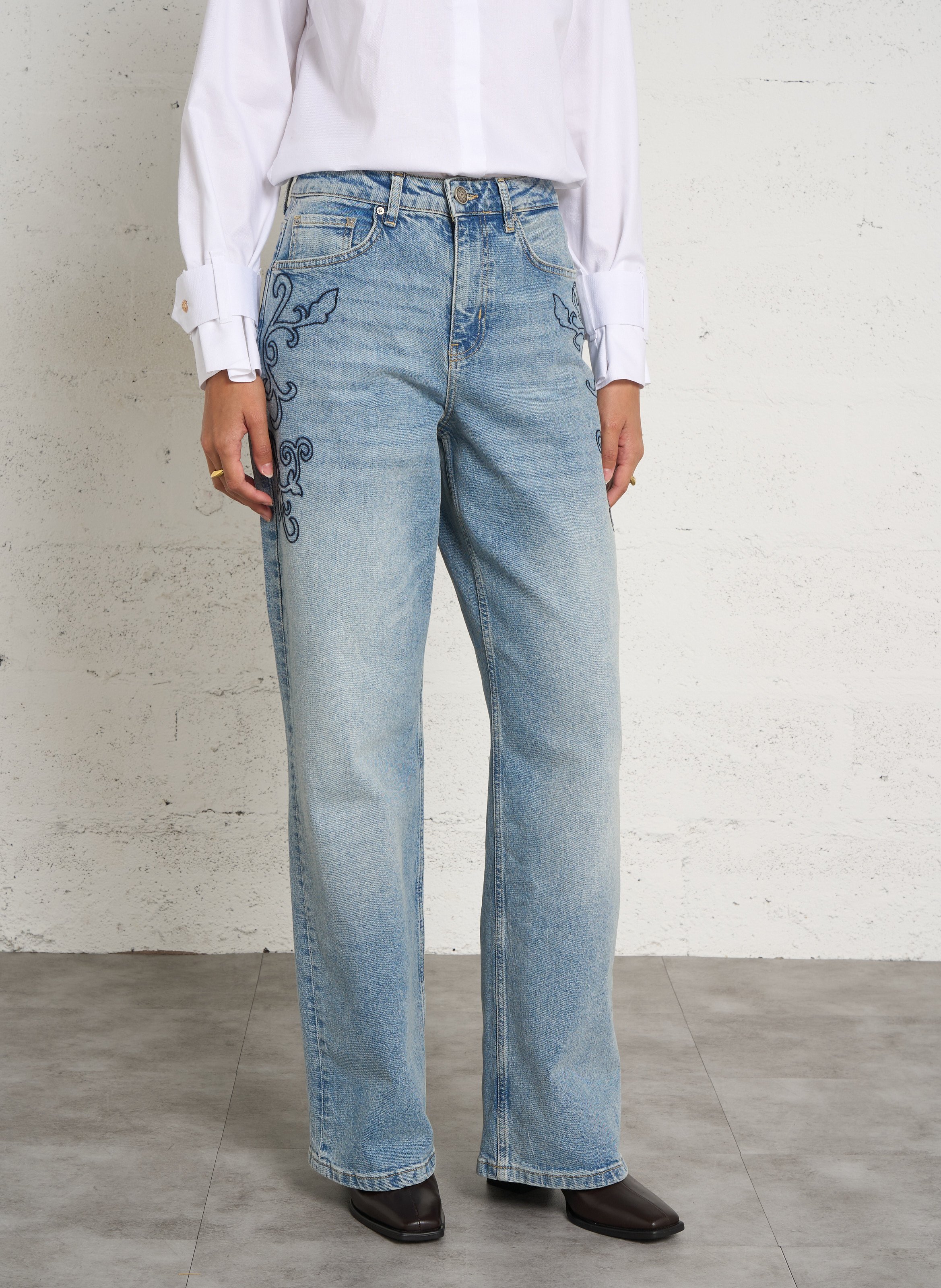Jeans large à broderie en coton SUD EXPRESS Bleu
