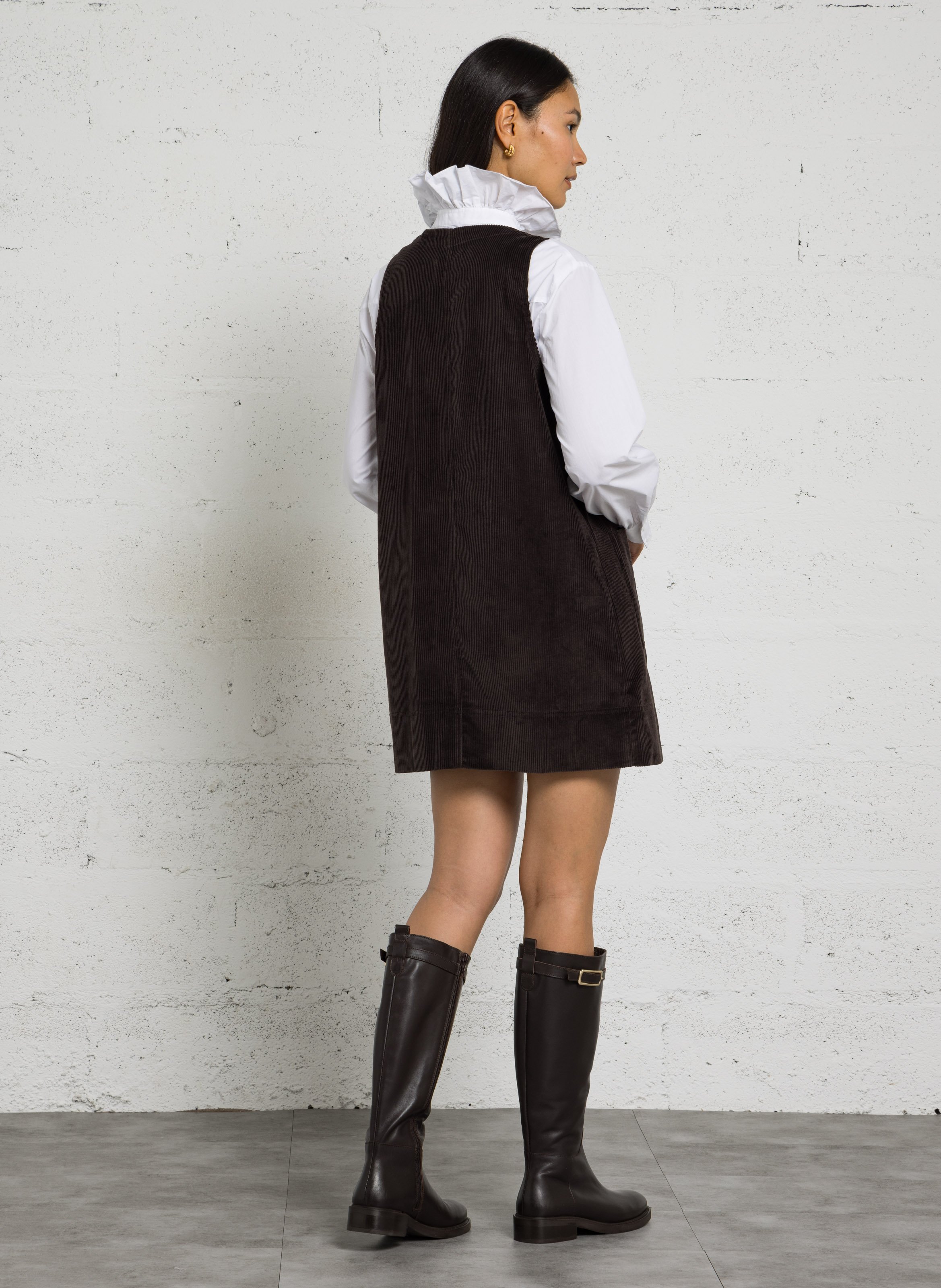 Robe courte col V en coton DES PETITS HAUTS Marron