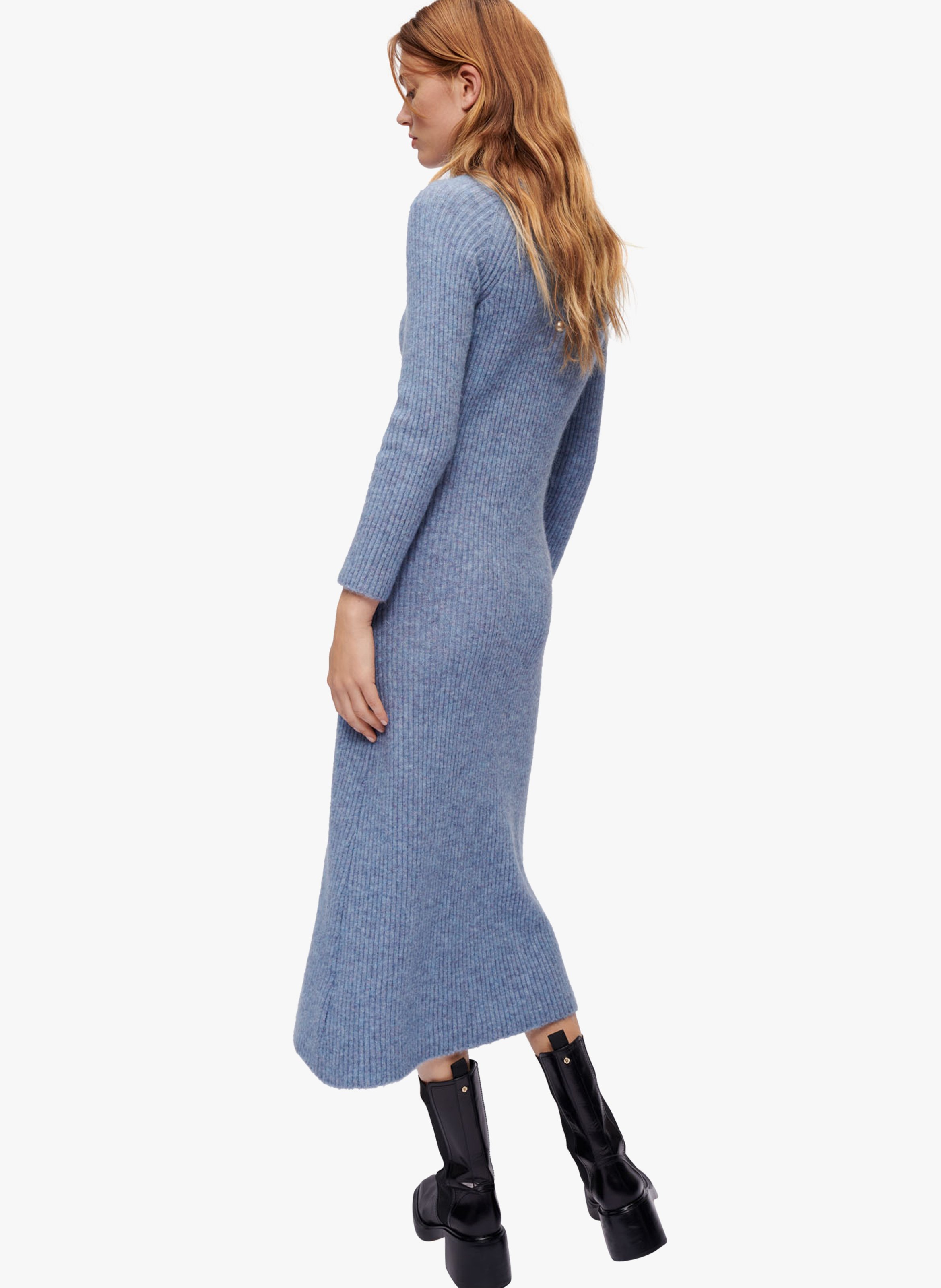 Robe Longue Col Montant Côtelée Bleu Maje Femme Place des Tendances