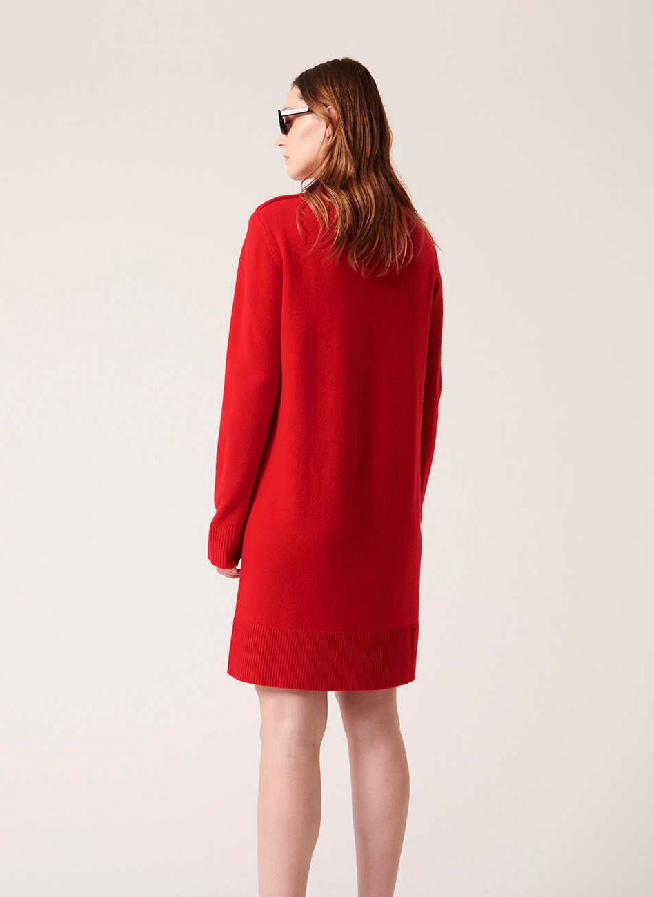 Robe pull droite col montant en laine Rouge