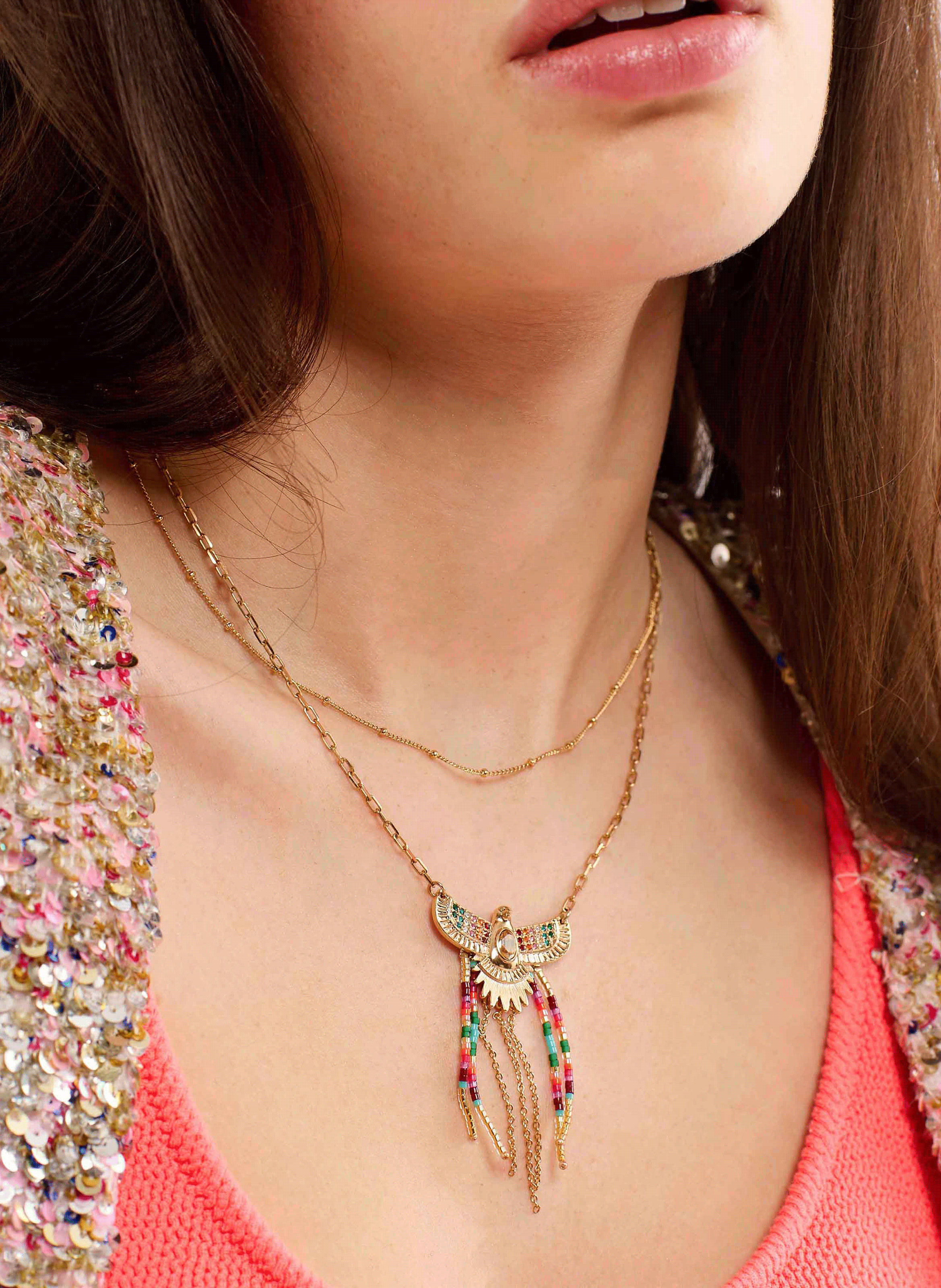 Multistrand chain necklace with central pendant and beads HIPANEMA Multicolored