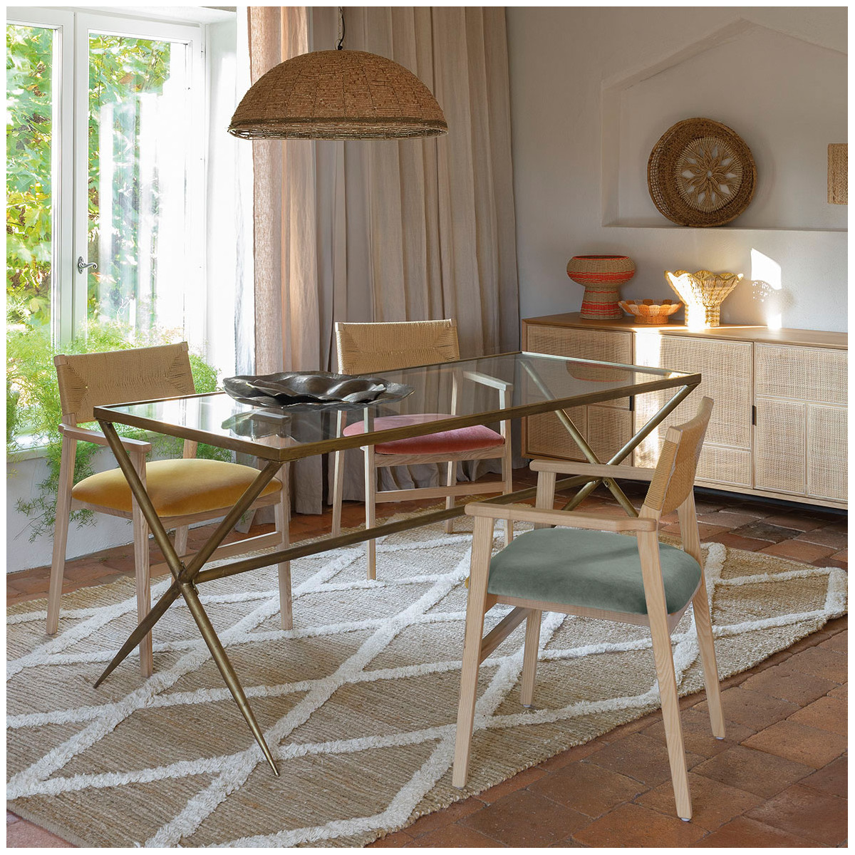 Chaise paloma en corde de papier et velours - vert de gris BLANC D'IVOIRE Vert