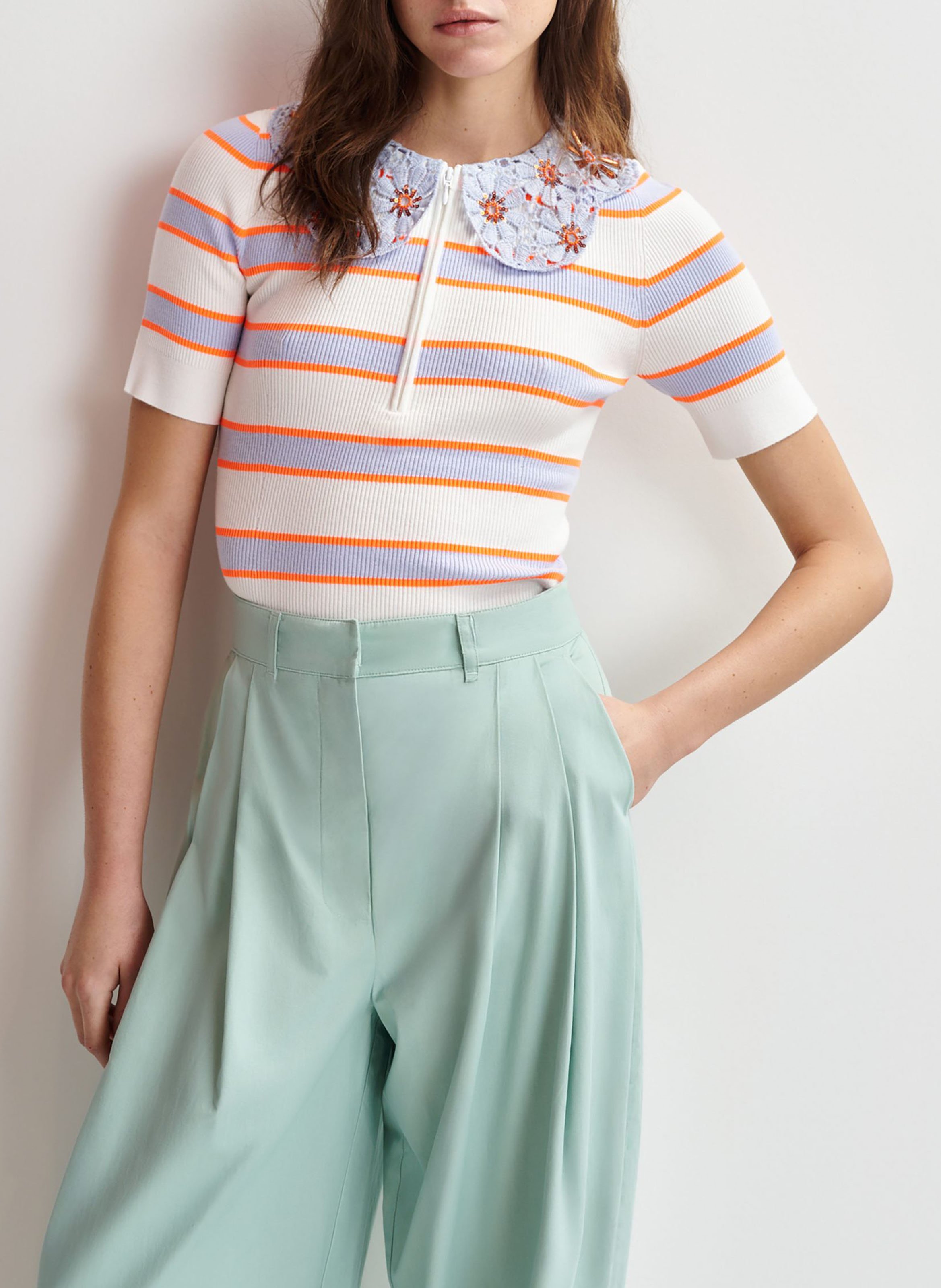 Top ajusté rayé à col claudine dentelle ESSENTIEL ANTWERP Multicolore