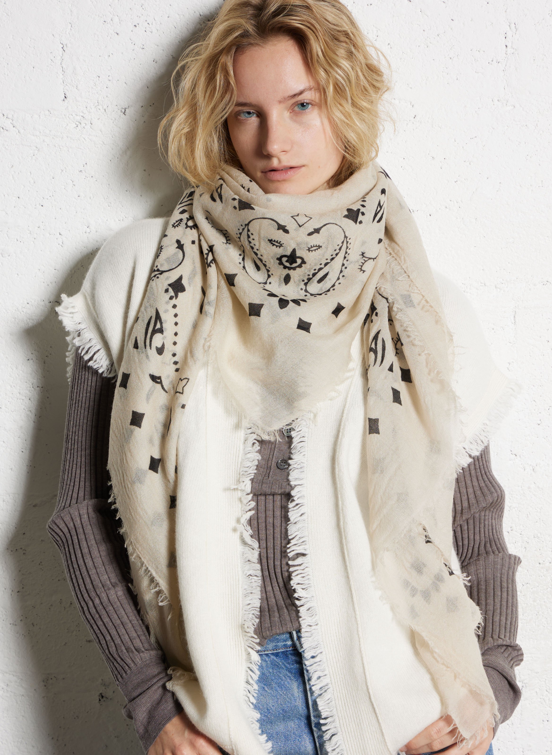 Printed cashmere voile scarf KUJTEN Beige