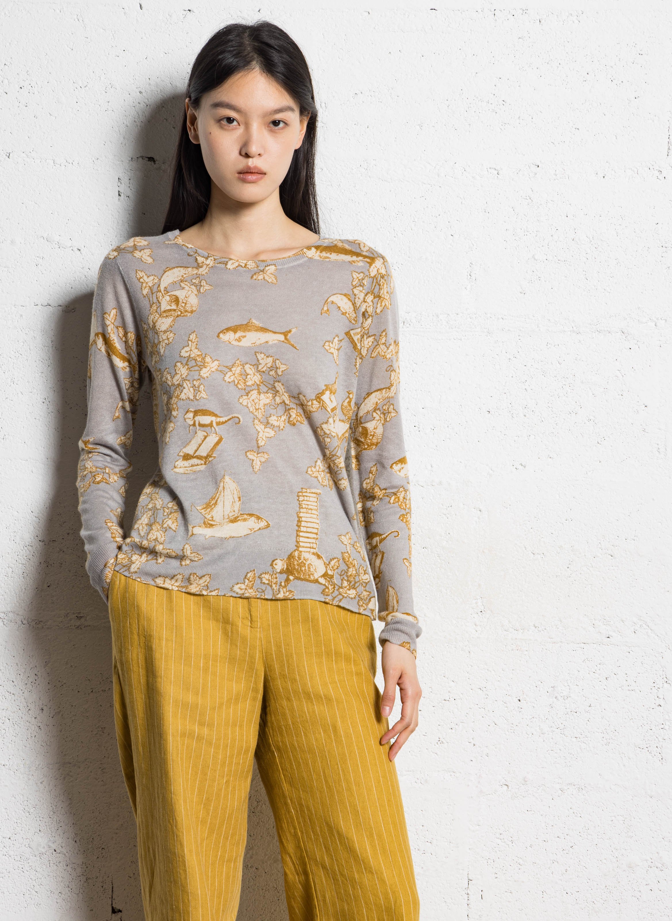 Rechte ronde hals trui van bedrukte knitwear NICE THINGS Grijs