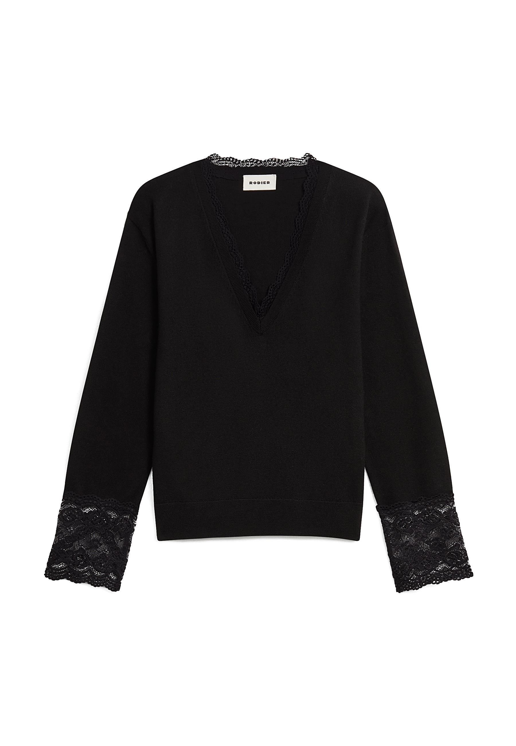 V-neck wool sweater with lace trim RODIER Black