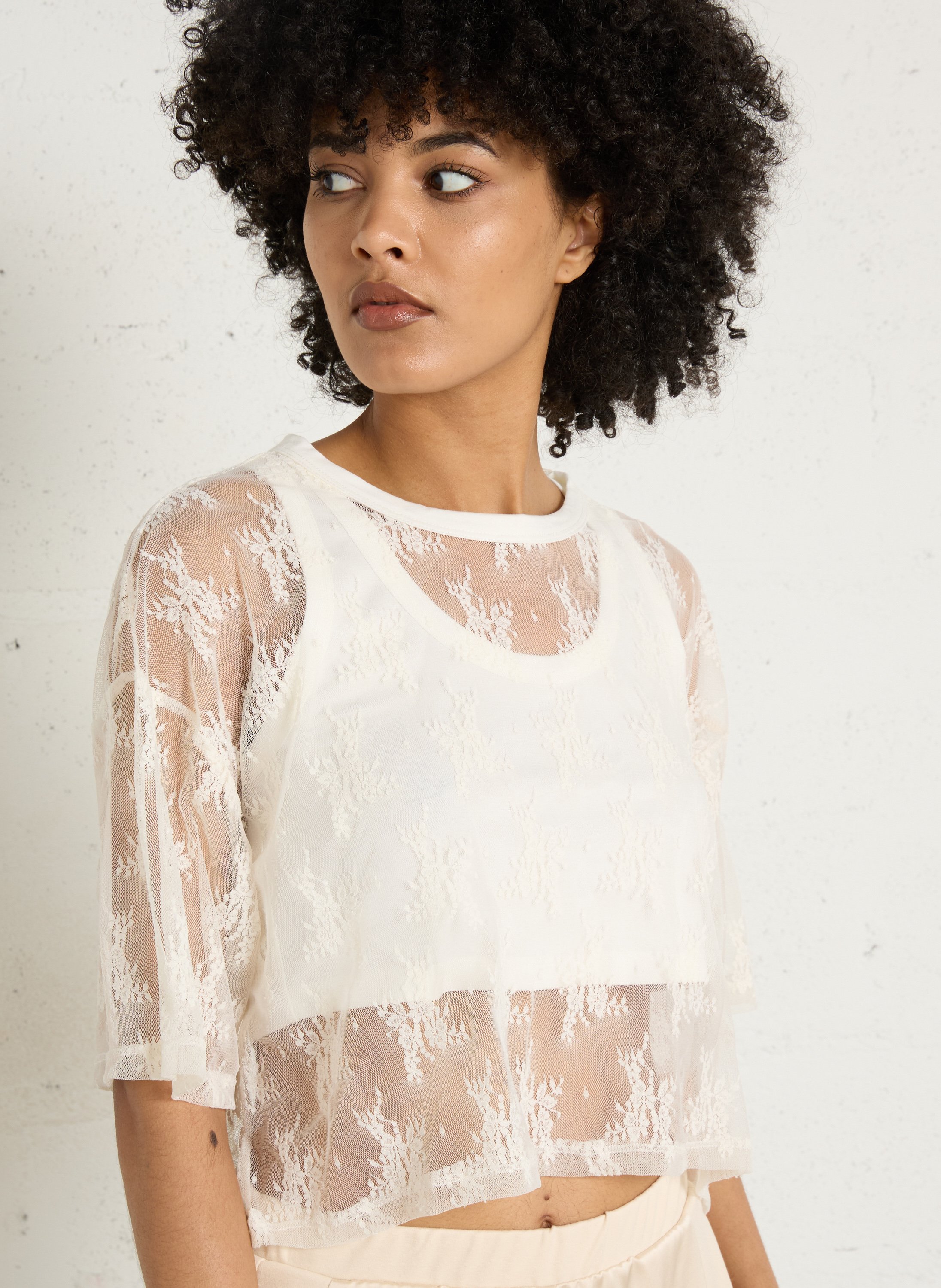 Top droit col rond en dentelle IMPERIAL Blanc