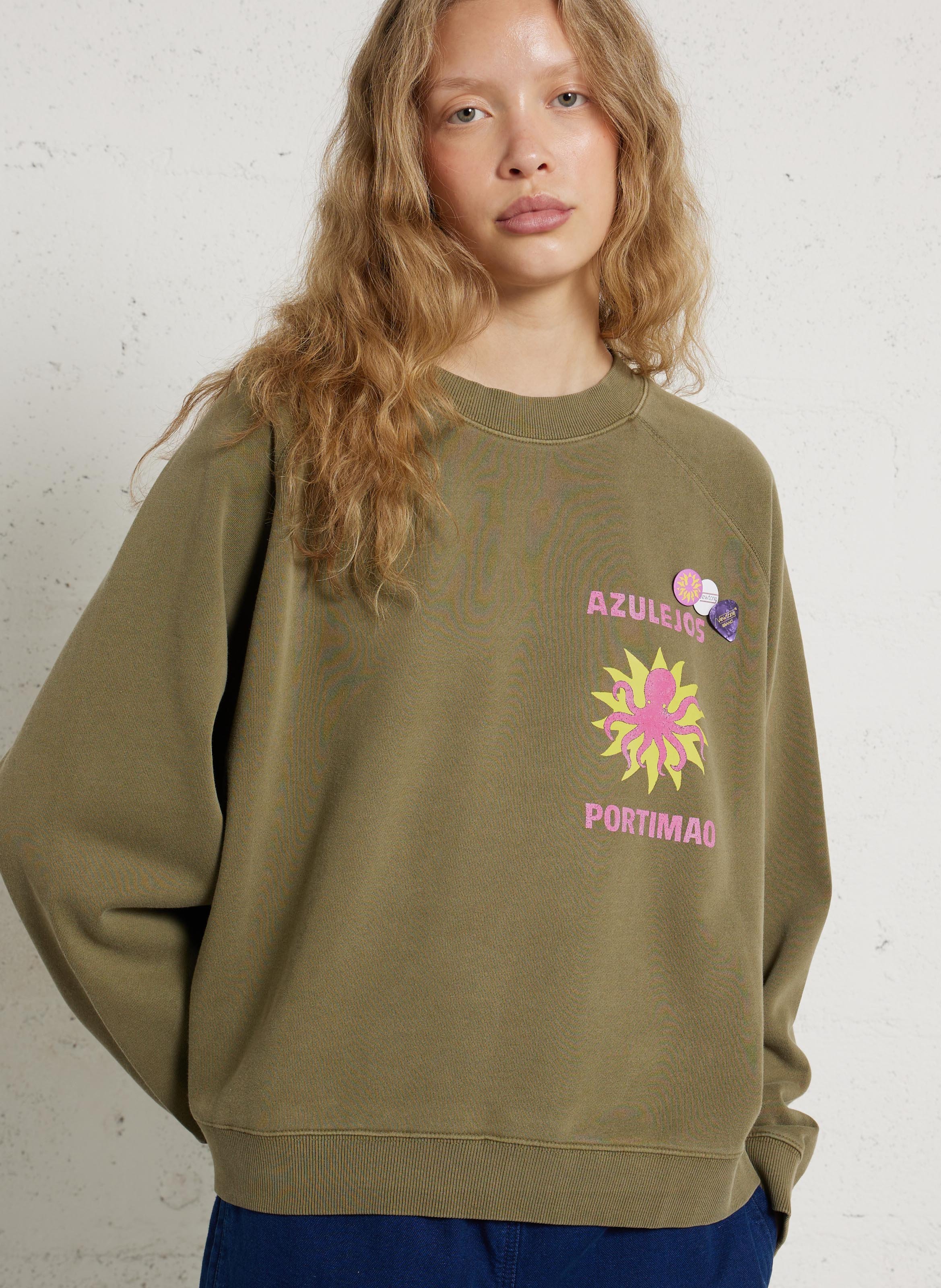 Loose-fit round-neck cotton sweatshirt with screen print NEWTONE Khaki