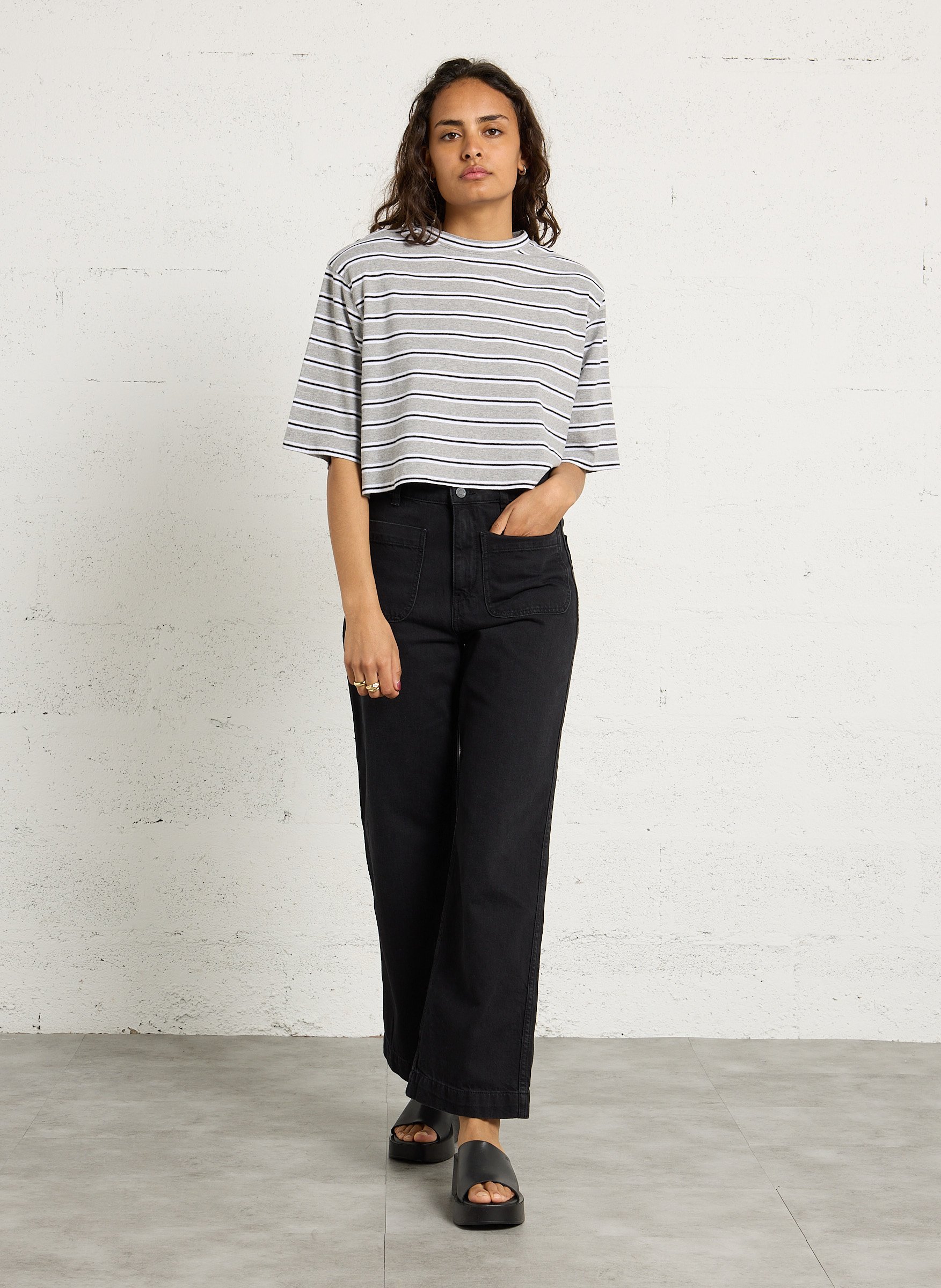 Tee-shirt oversize col rond en coton rayé BERENICE Gris