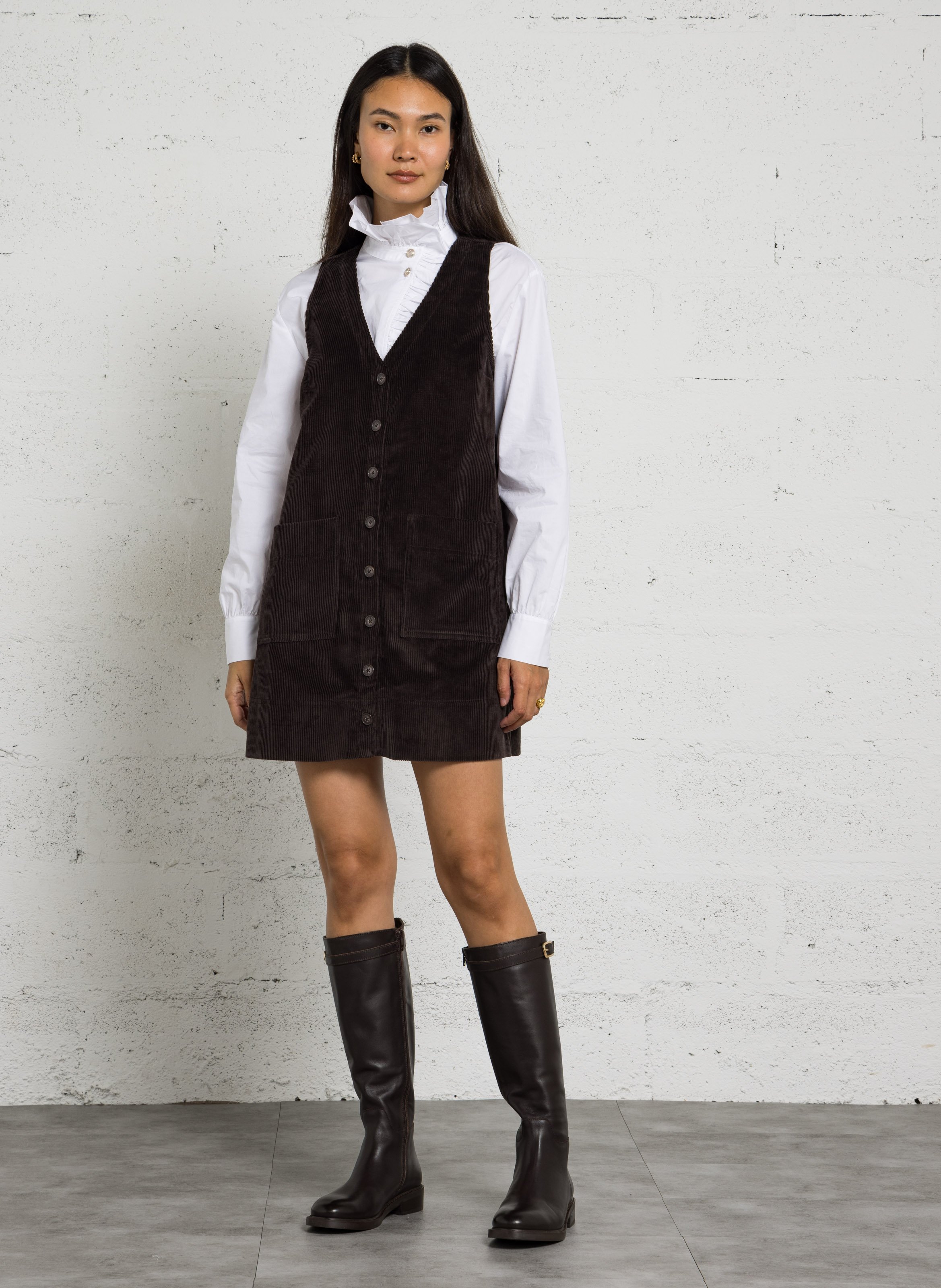 Robe courte col V en coton DES PETITS HAUTS Marron