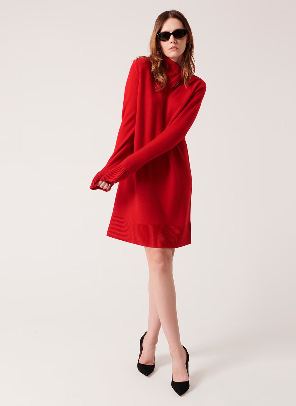 Robe pull droite col montant en laine Rouge