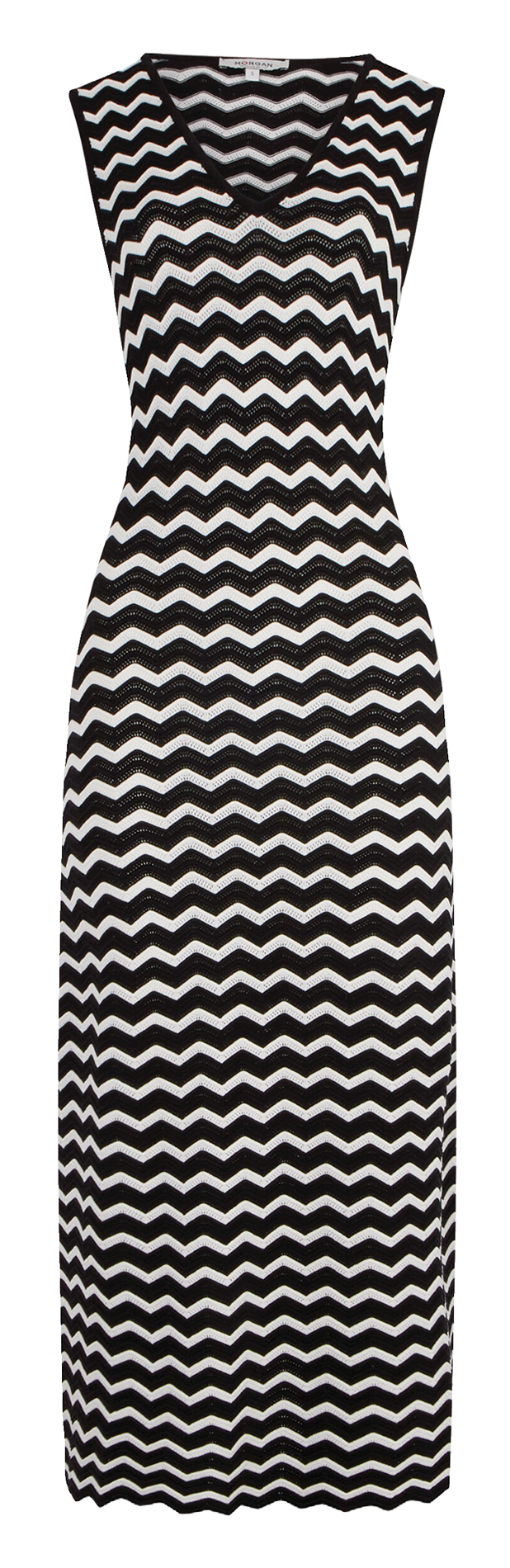 Gebreide lange jurk met zigzagstrepen. MORGAN Zwart